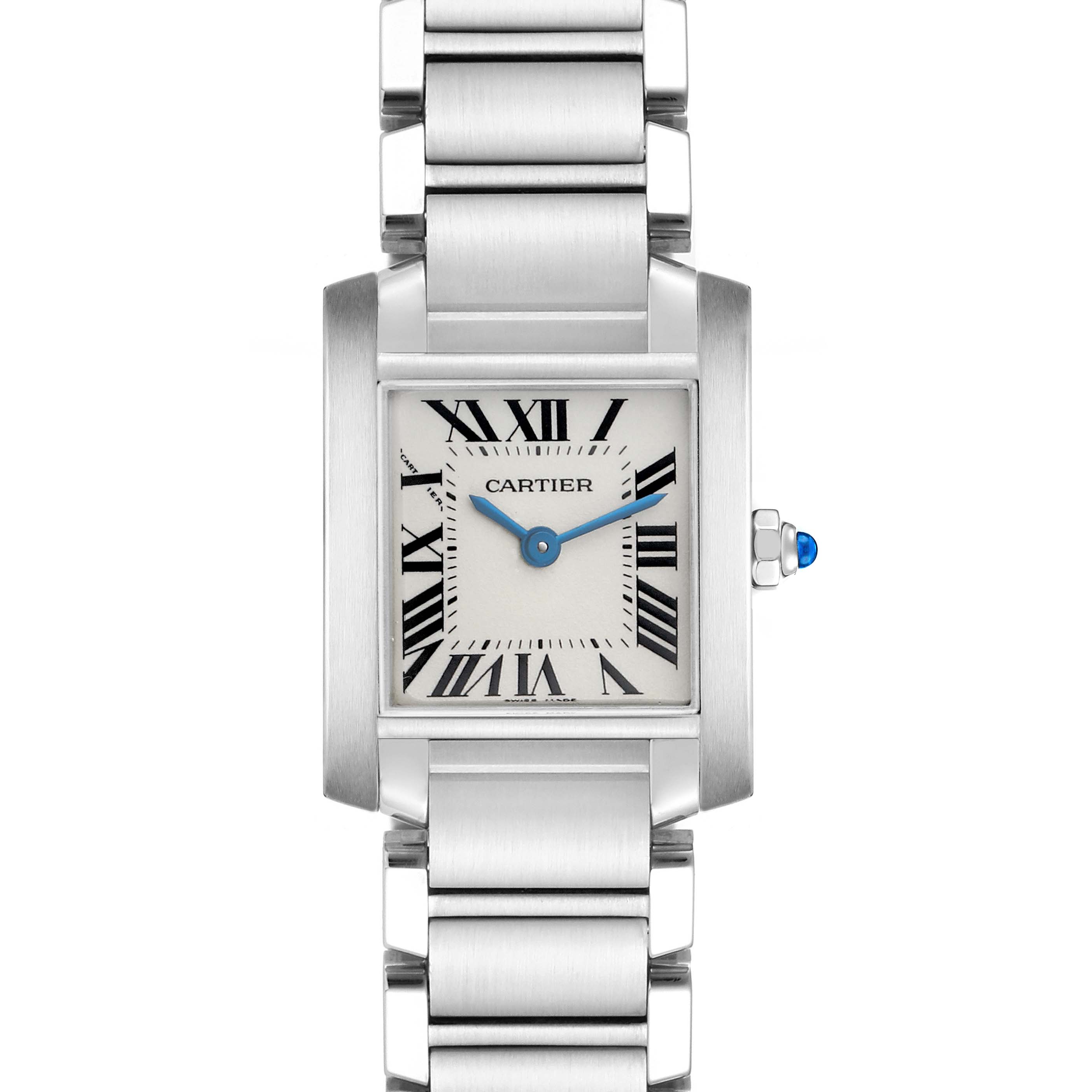 The Cartier Tank Française watch is shown from a front angle, displaying the face, Roman numerals, hands, and part of the metal bracelet.