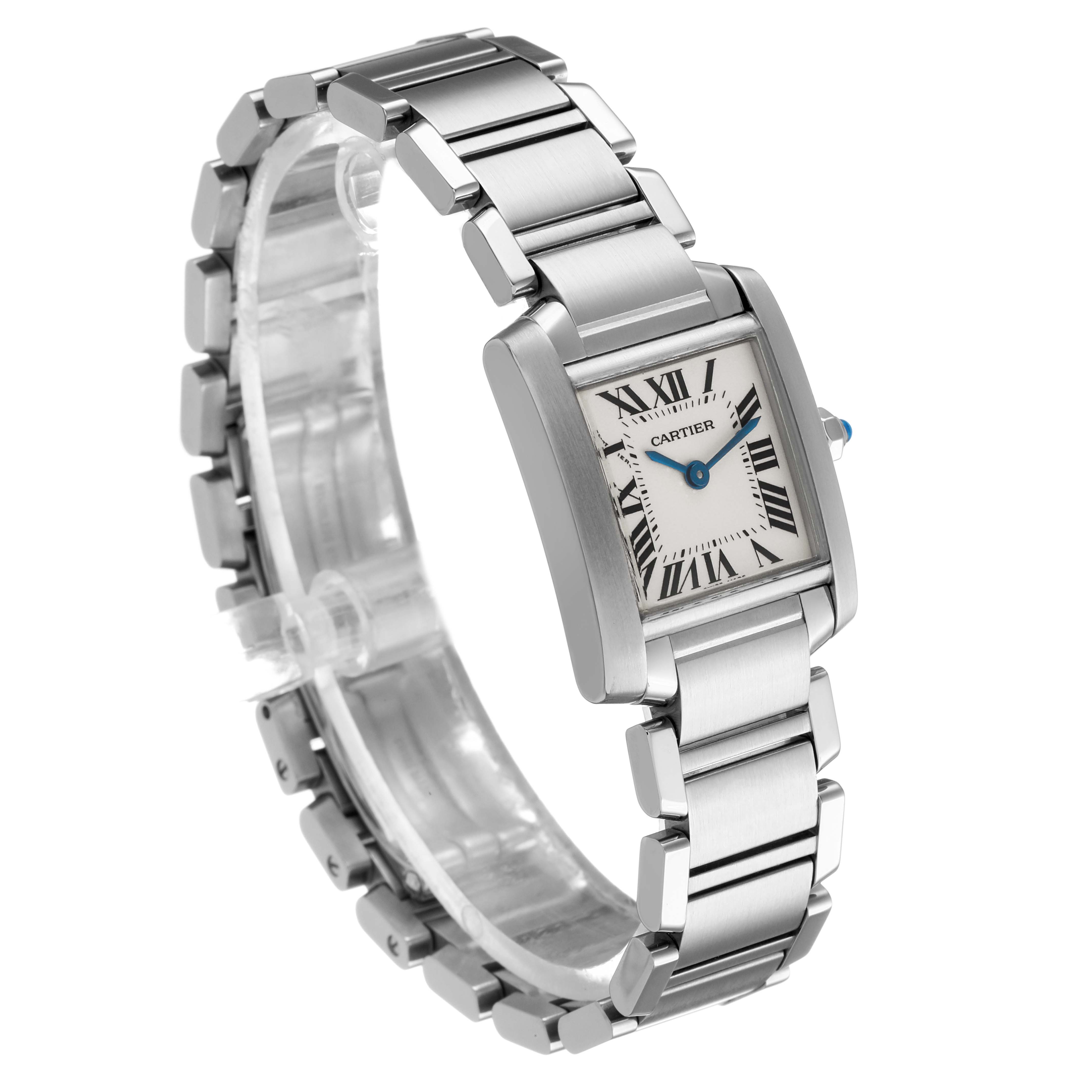 The Cartier Tank Francaise W51008Q3 Women's Stainless Steel Silver Dial watch is shown at a three-quarter angle, highlighting the face, bracelet, and crown.