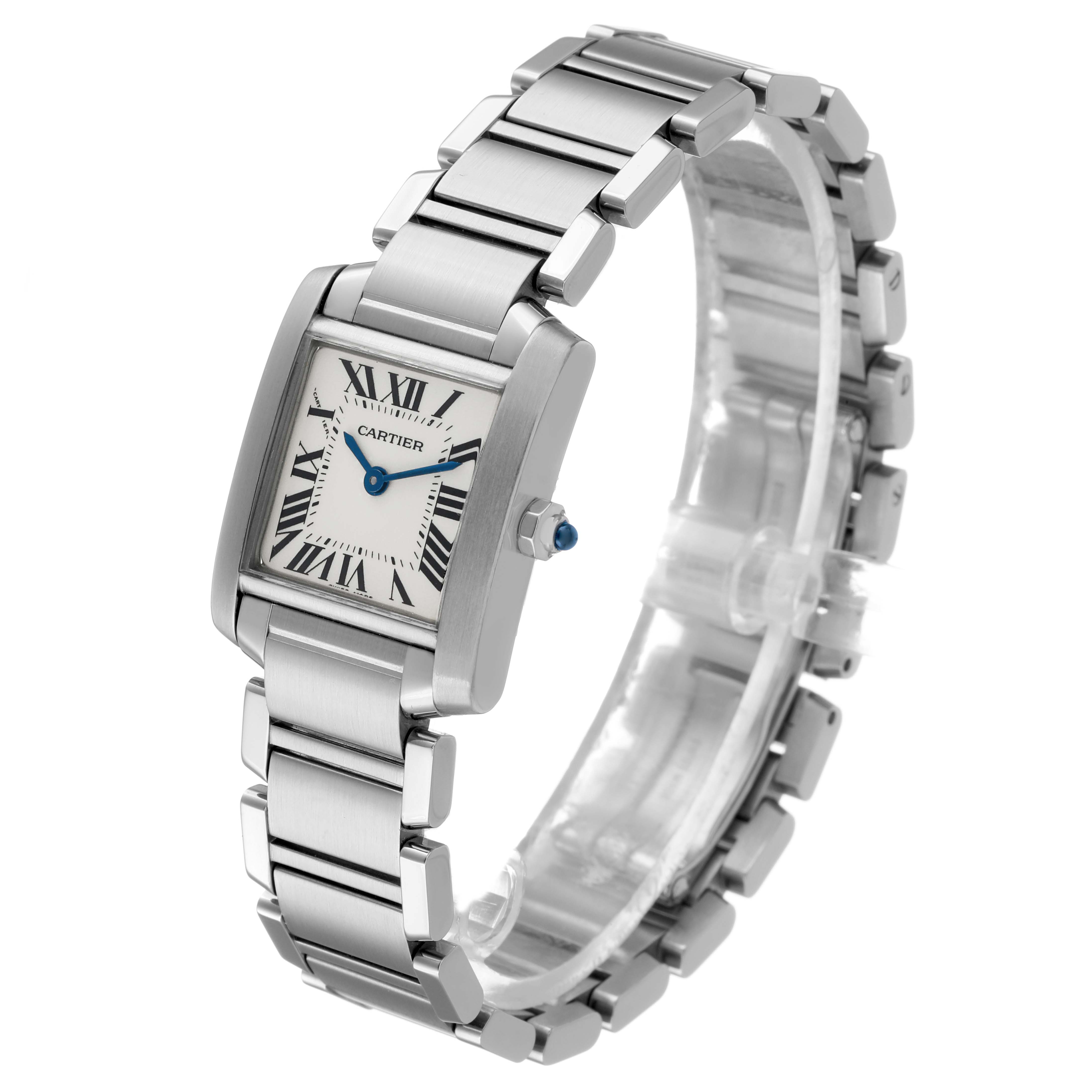 The Cartier Tank Française watch is shown from a three-quarter top view, highlighting the dial, case, bracelet, and crown.