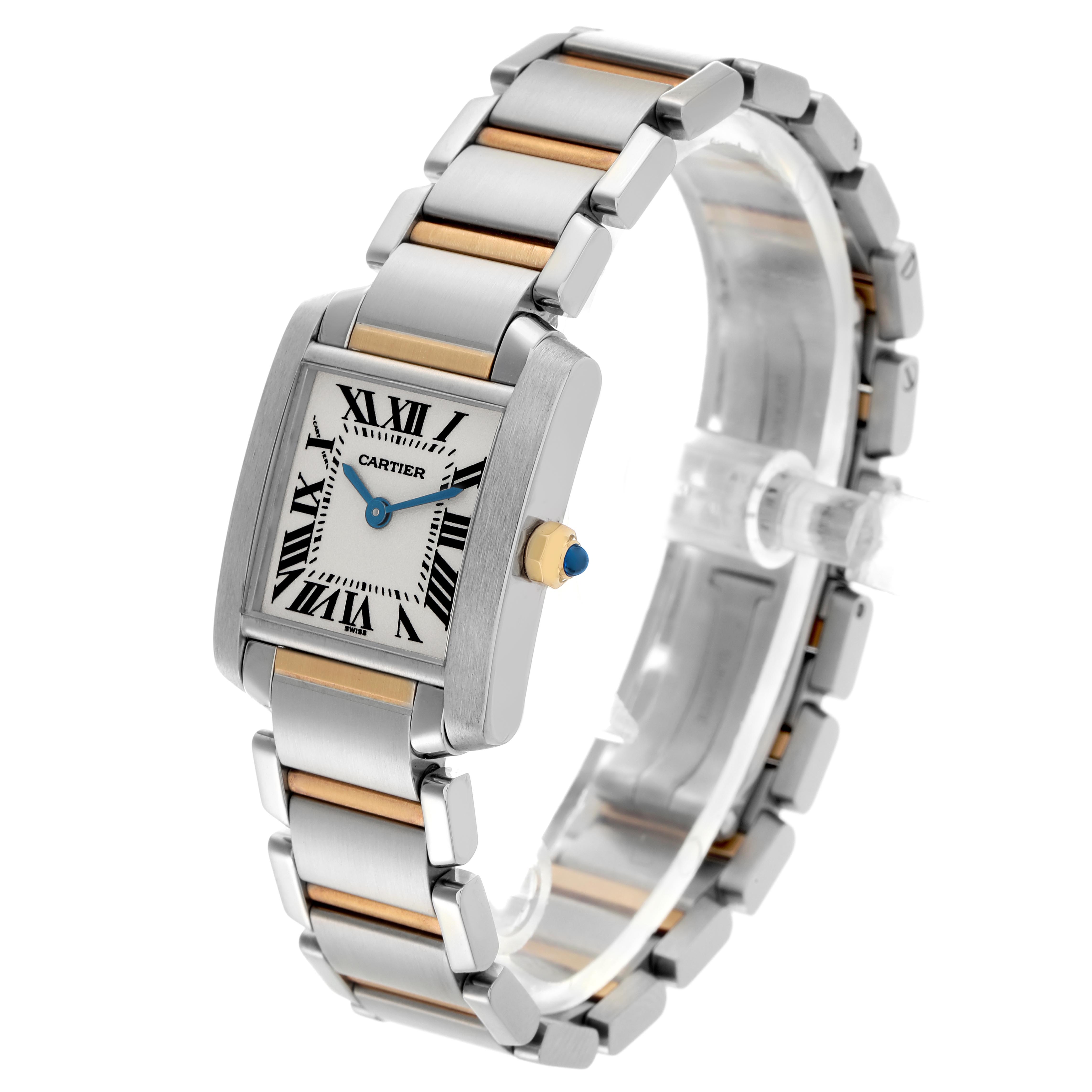 The Cartier Tank Française watch is shown at a three-quarter angle, highlighting the dial, case, and bracelet.