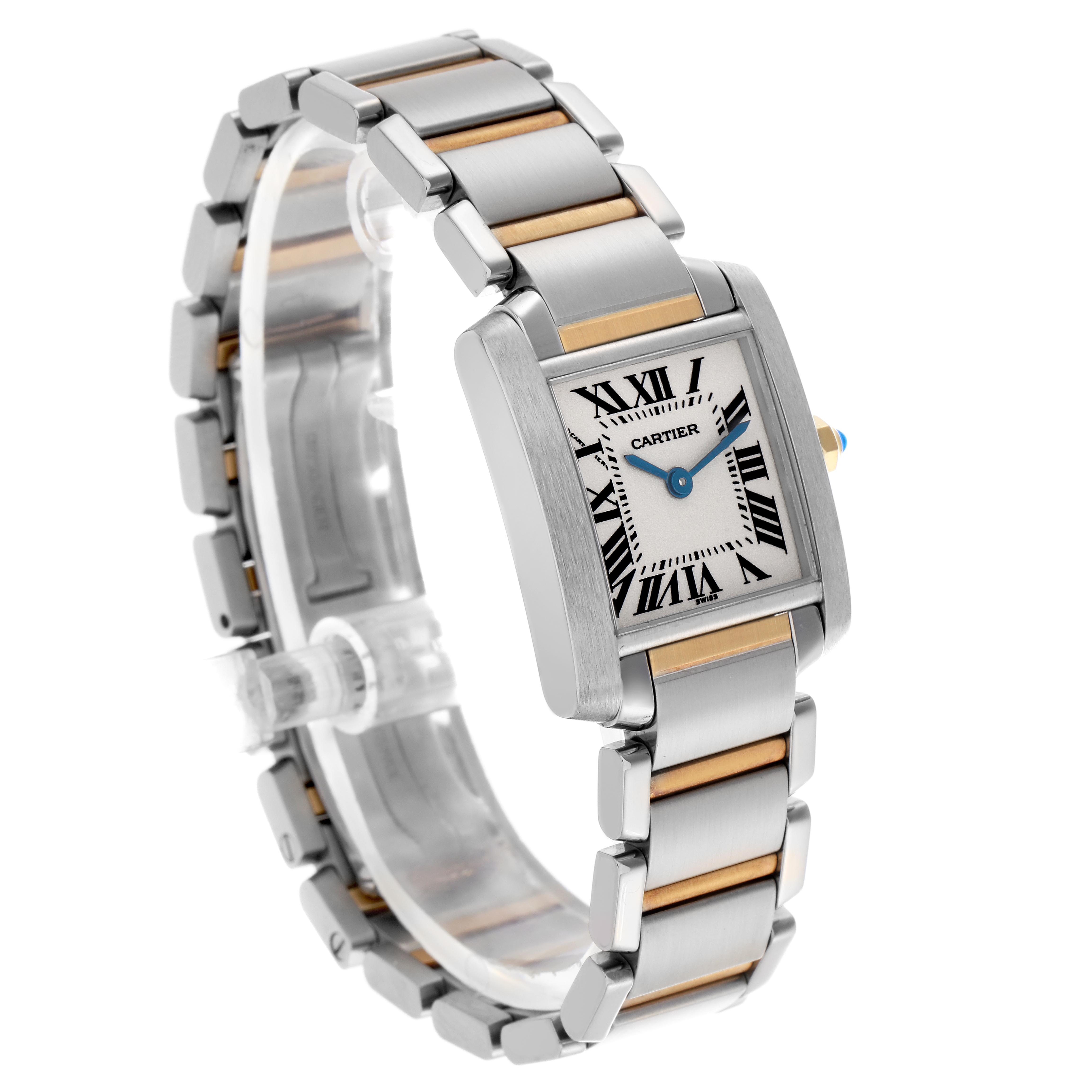The Cartier Tank Francaise W51007Q4 Women's Steel and Gold (two tone) Silver Dial W51007Q4 Women's Steel and Gold (two tone) Silver Dial watch is shown at a three-quarter angle, highlighting the face, bracelet, and clasp.