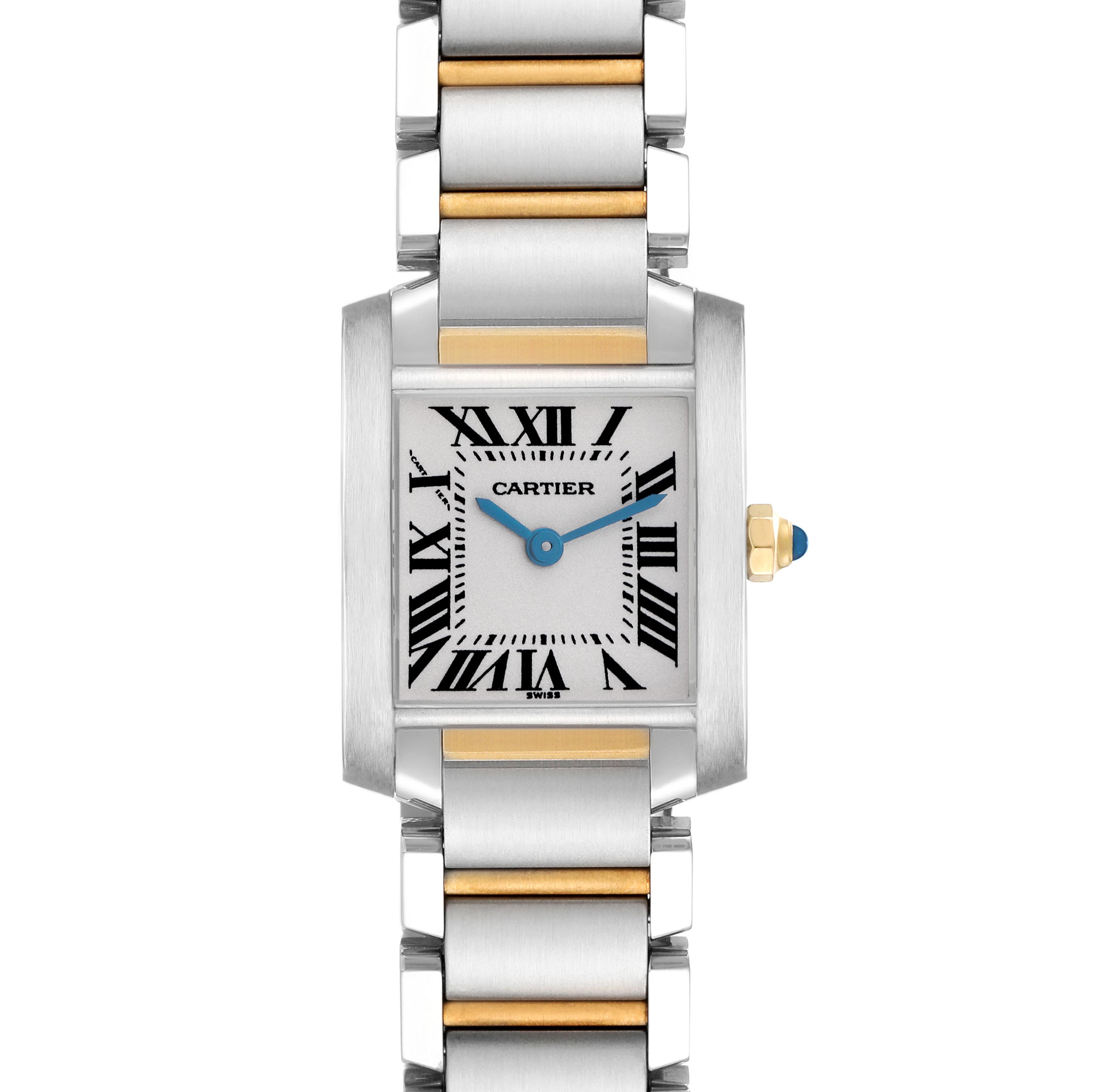 The Cartier Tank Francaise W51007Q4 Women's Steel and Gold (two tone) Silver Dial W51007Q4 Women's Steel and Gold (two tone) Silver Dial watch is shown from a front angle, highlighting its rectangular face, Roman numerals, and bracelet.