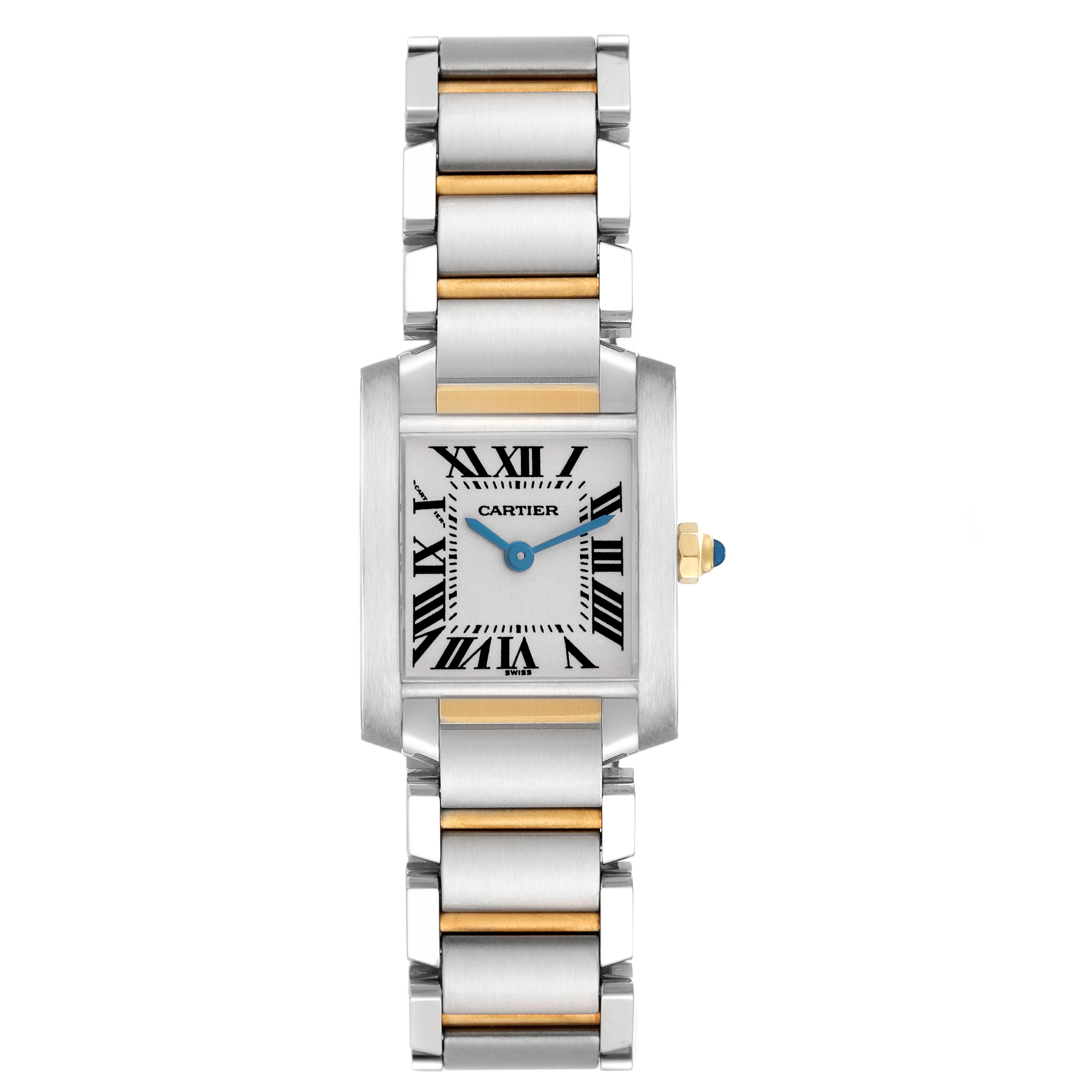 The Cartier Tank Française watch is shown from the top, displaying the face, bezel, and two-tone bracelet.