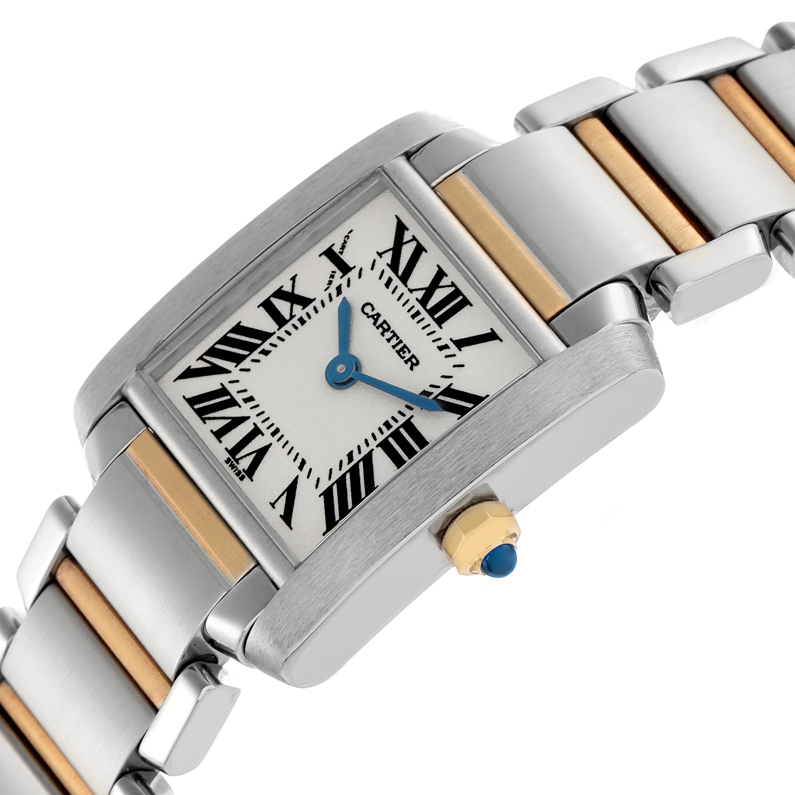 The Cartier Tank Francaise W51007Q4 Women's Steel and Gold (two tone) Silver Dial W51007Q4 Women's Steel and Gold (two tone) Silver Dial watch is shown at a slight angle displaying the face, Roman numeral dial, and part of the bracelet.