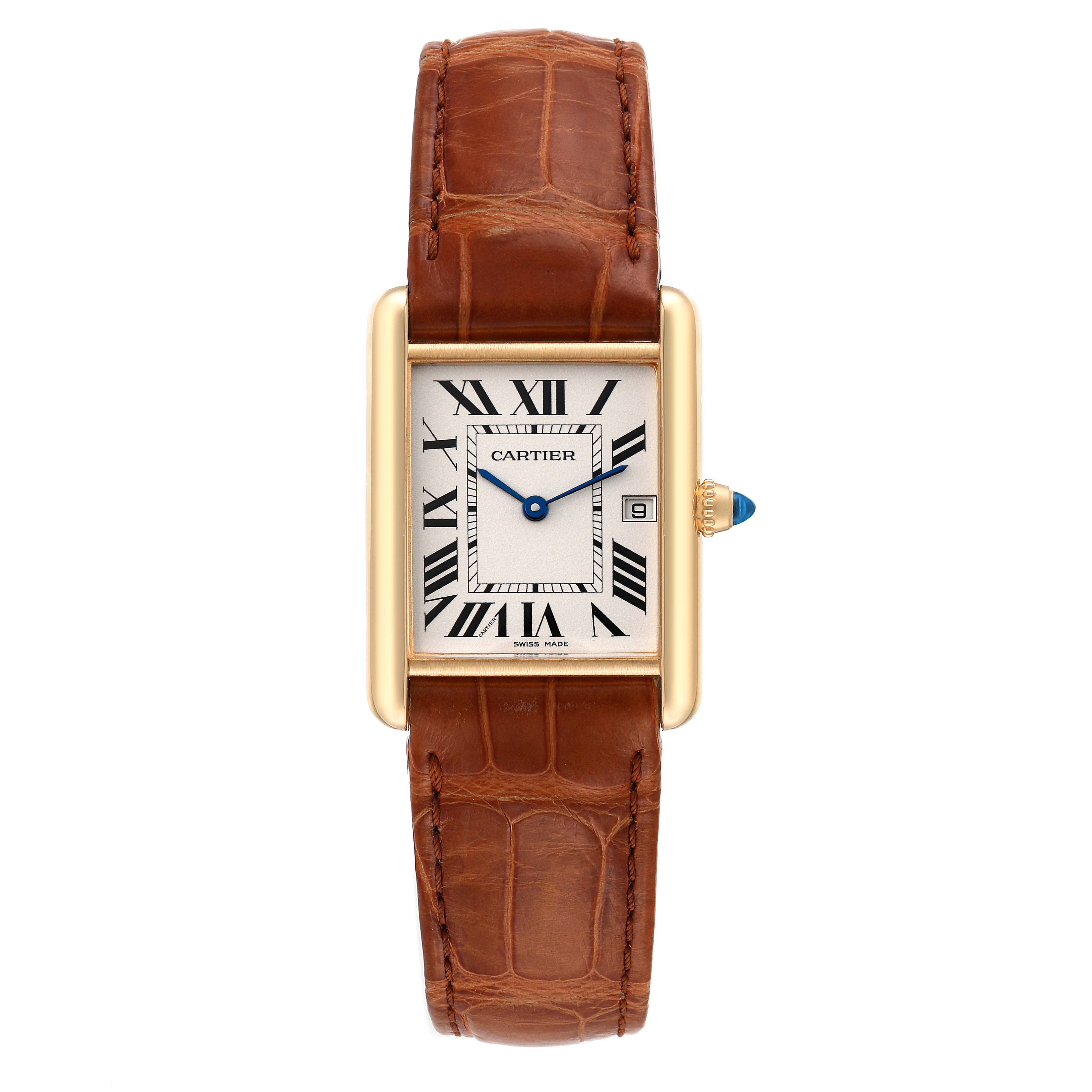 The image shows a front view of a Cartier Tank Louis W1529756 Men
s Yellow Gold Silver Dial W1529756 Men
s Yellow Gold Silver Dial watch, displaying its rectangular dial, Roman numerals, and brown leather strap.