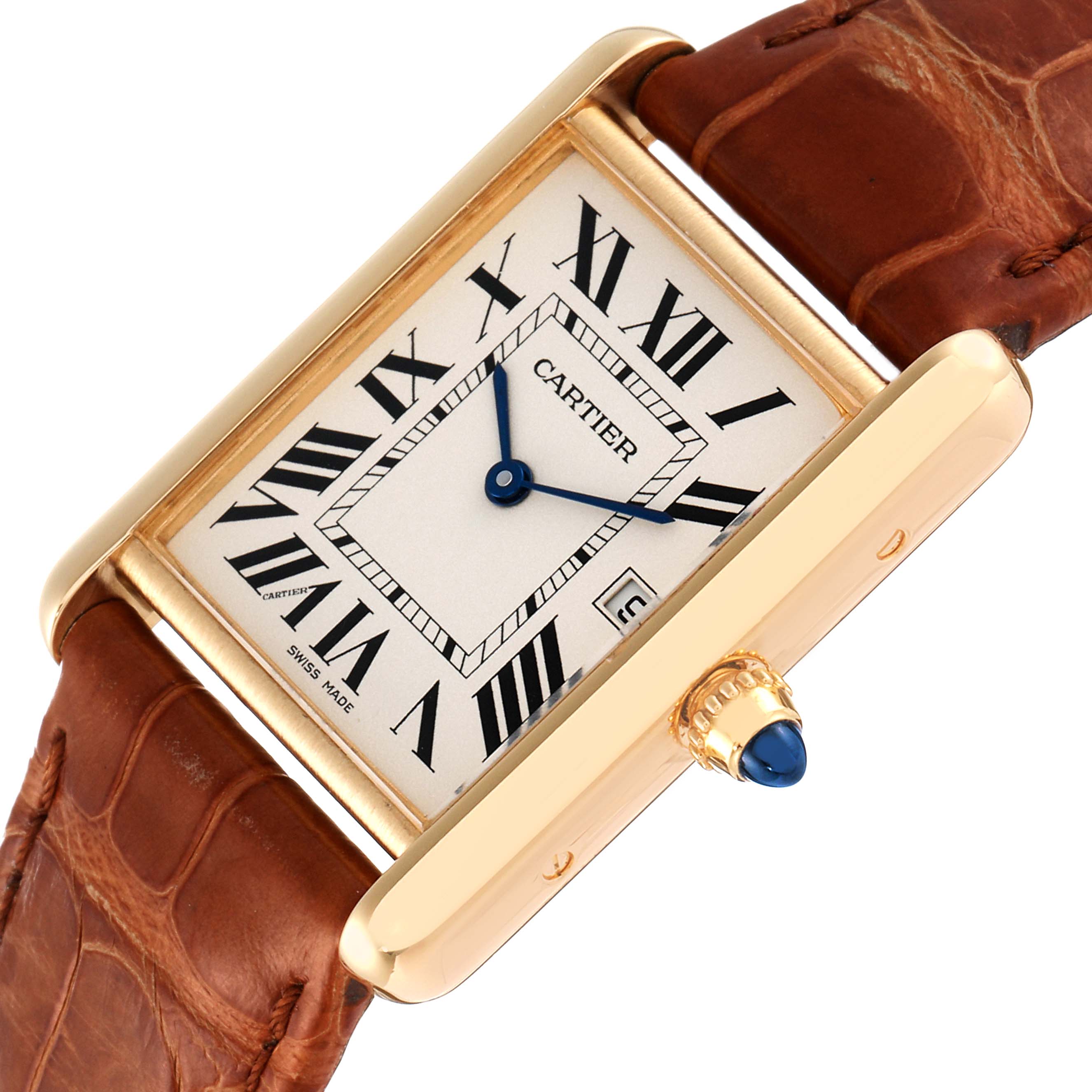 This image shows a side-angled view of the face and crown of the Cartier Tank Louis W1529756 Men
s Yellow Gold Silver Dial W1529756 Men
s Yellow Gold Silver Dial watch.