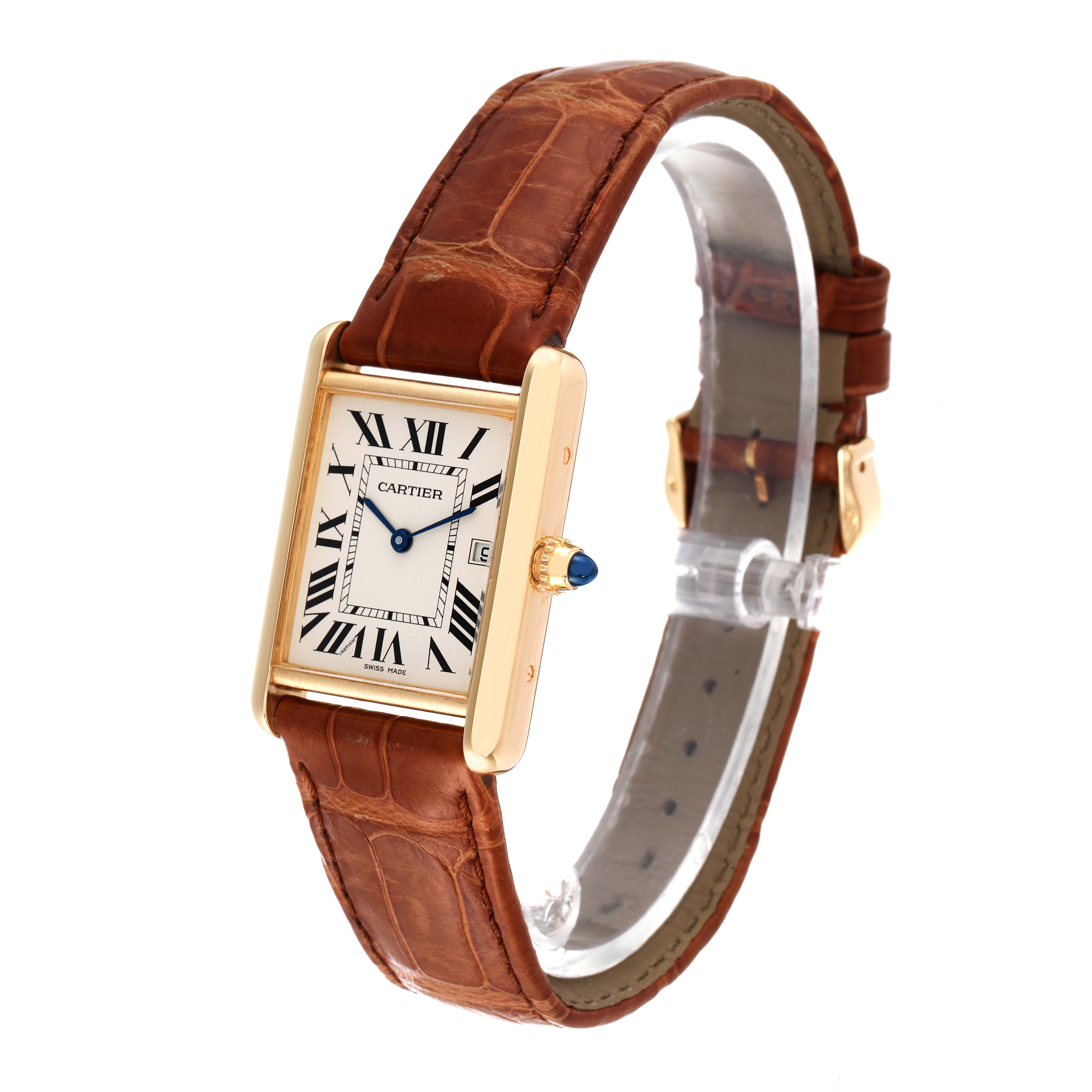 The image shows a Cartier Tank Louis W1529756 Men
s Yellow Gold Silver Dial W1529756 Men
s Yellow Gold Silver Dial watch at a slight angle, highlighting its rectangular face, leather strap, and crown with a blue gem.