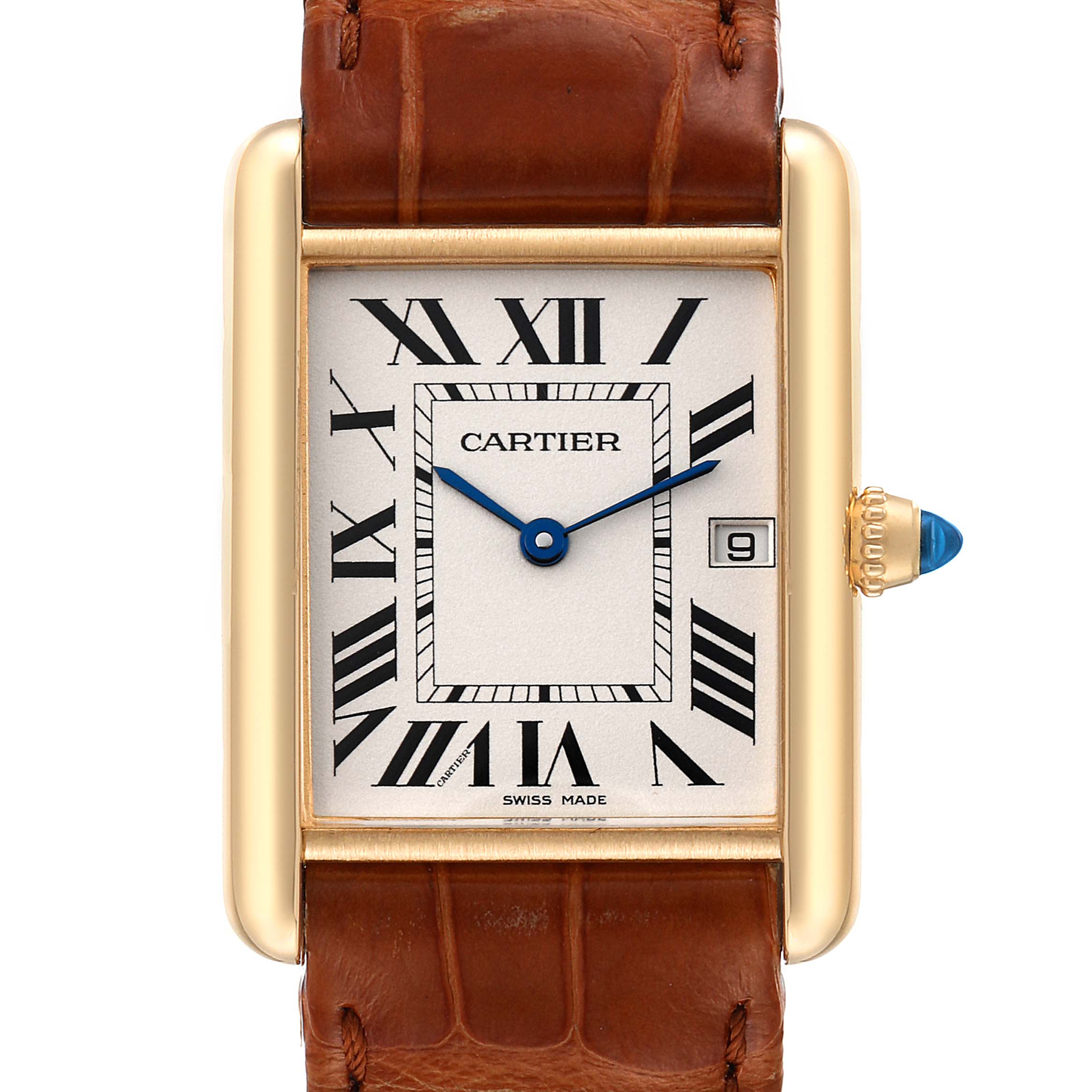 The image shows a front view of the Cartier Tank Louis W1529756 Men
s Yellow Gold Silver Dial W1529756 Men
s Yellow Gold Silver Dial watch, highlighting its dial, case, crown, and leather strap.