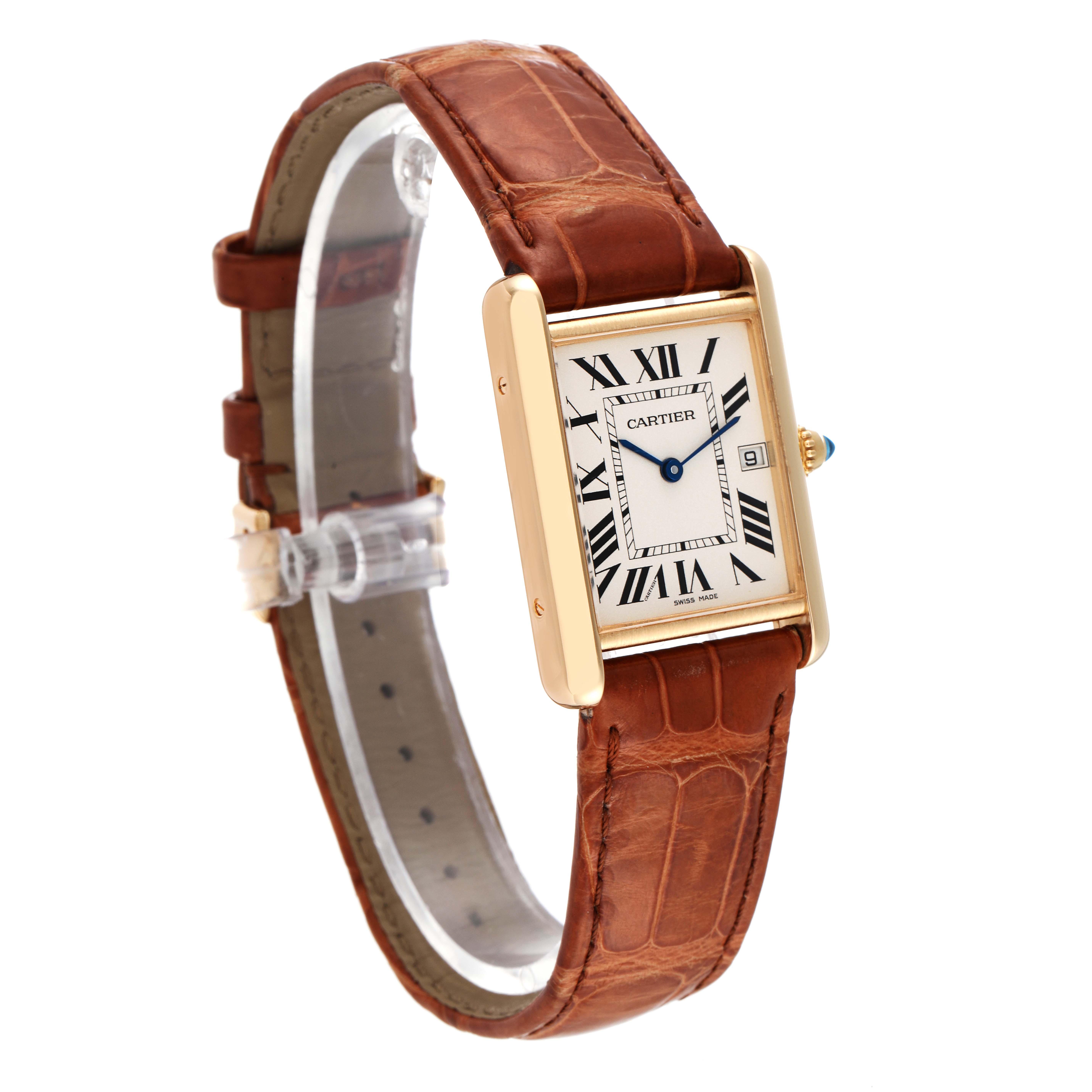 The Cartier Tank Louis W1529756 Men
s Yellow Gold Silver Dial W1529756 Men
s Yellow Gold Silver Dial watch is shown at an angled side view displaying the face, strap, and part of the crown.