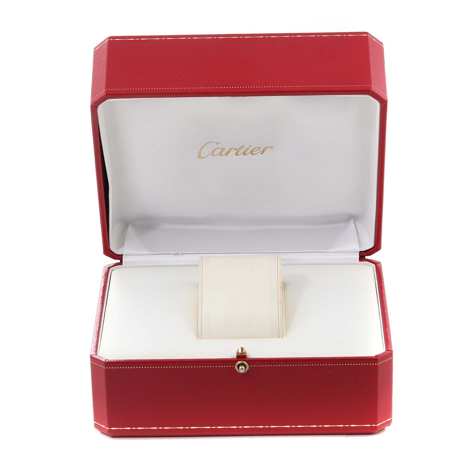 The image shows an empty red Cartier box, likely for the Tank Louis watch model.