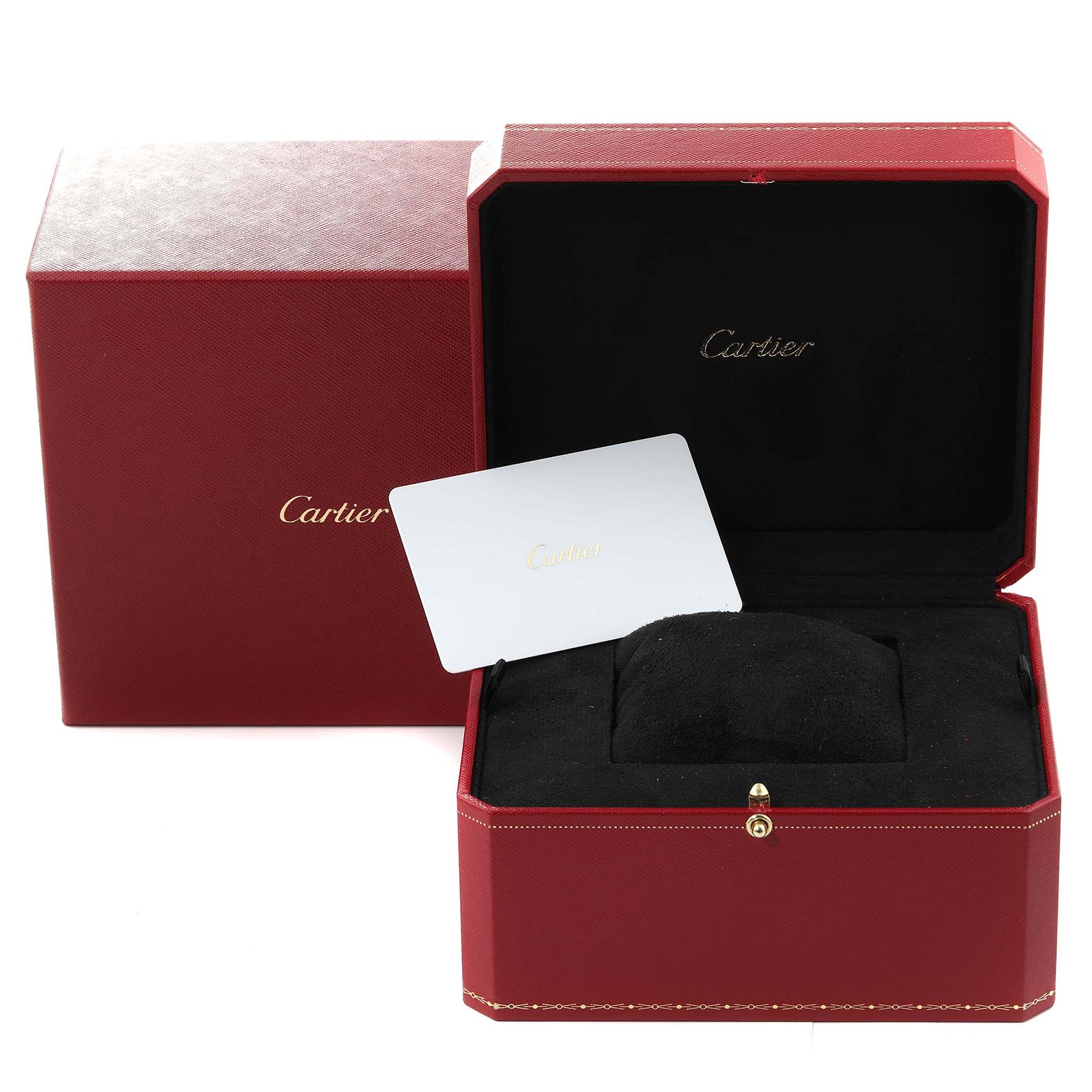 The image shows the packaging and display case for a Cartier Tank Must WSTA0041 Women's Stainless Steel Silver Dial WSTA0041 Women's Stainless Steel Silver Dial watch, including a red box and a warranty card.