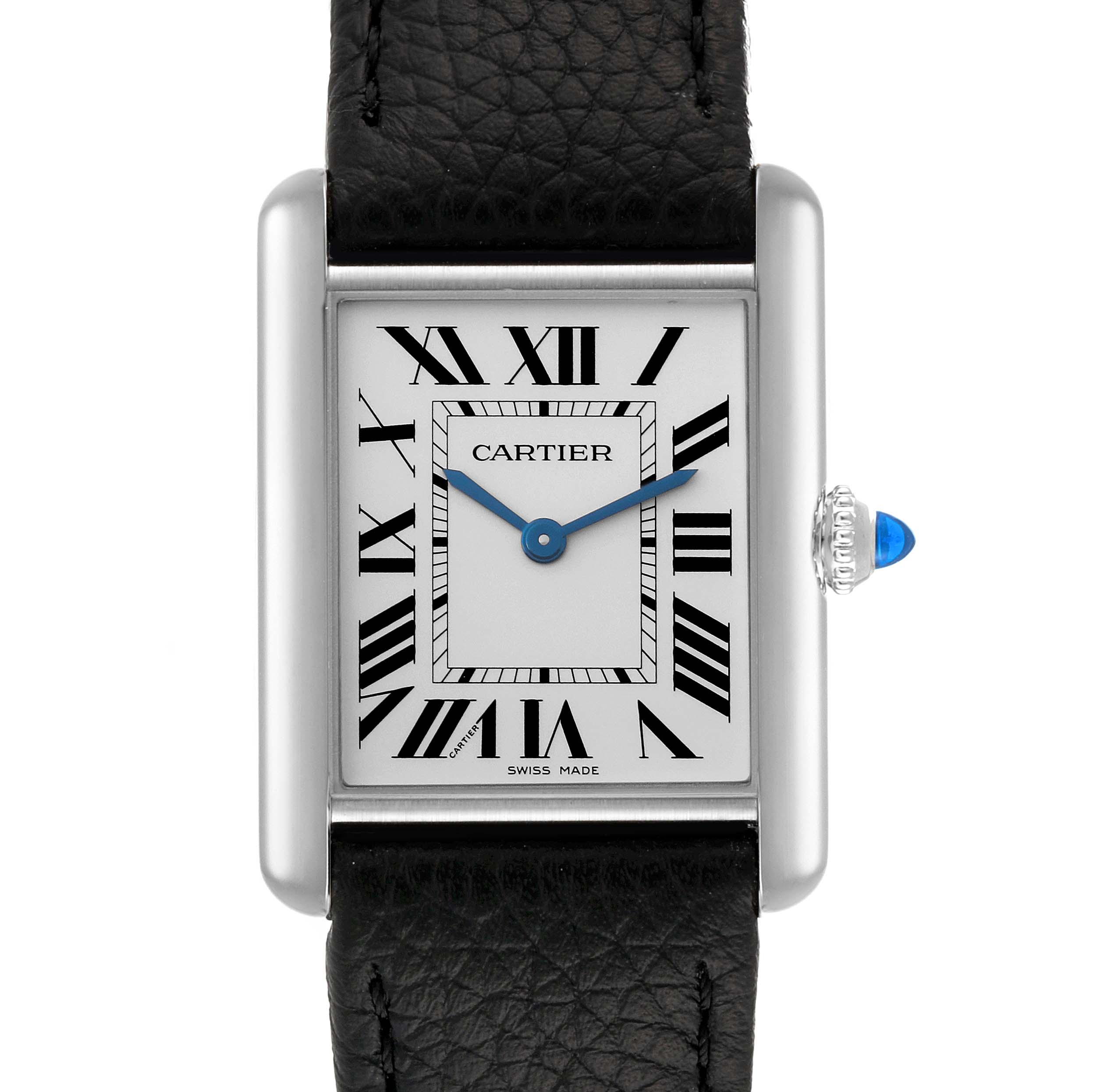 This image shows a frontal view of the Cartier Tank Must WSTA0041 Women's Stainless Steel Silver Dial WSTA0041 Women's Stainless Steel Silver Dial watch, displaying the dial, crown, and part of the leather strap.