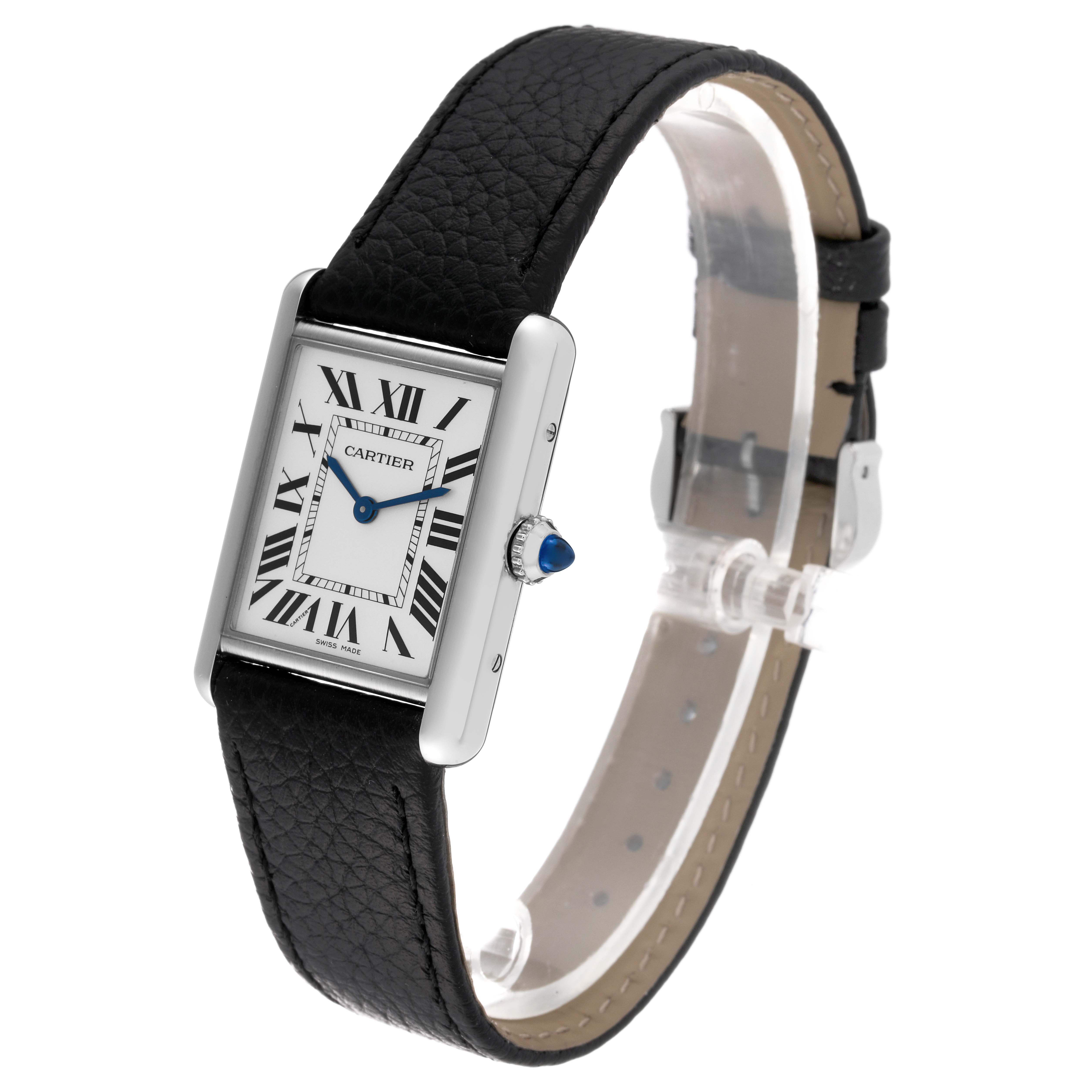 The image shows the Cartier Tank Must WSTA0041 Women's Stainless Steel Silver Dial WSTA0041 Women's Stainless Steel Silver Dial watch from a front angle, displaying its face, crown, and leather strap.