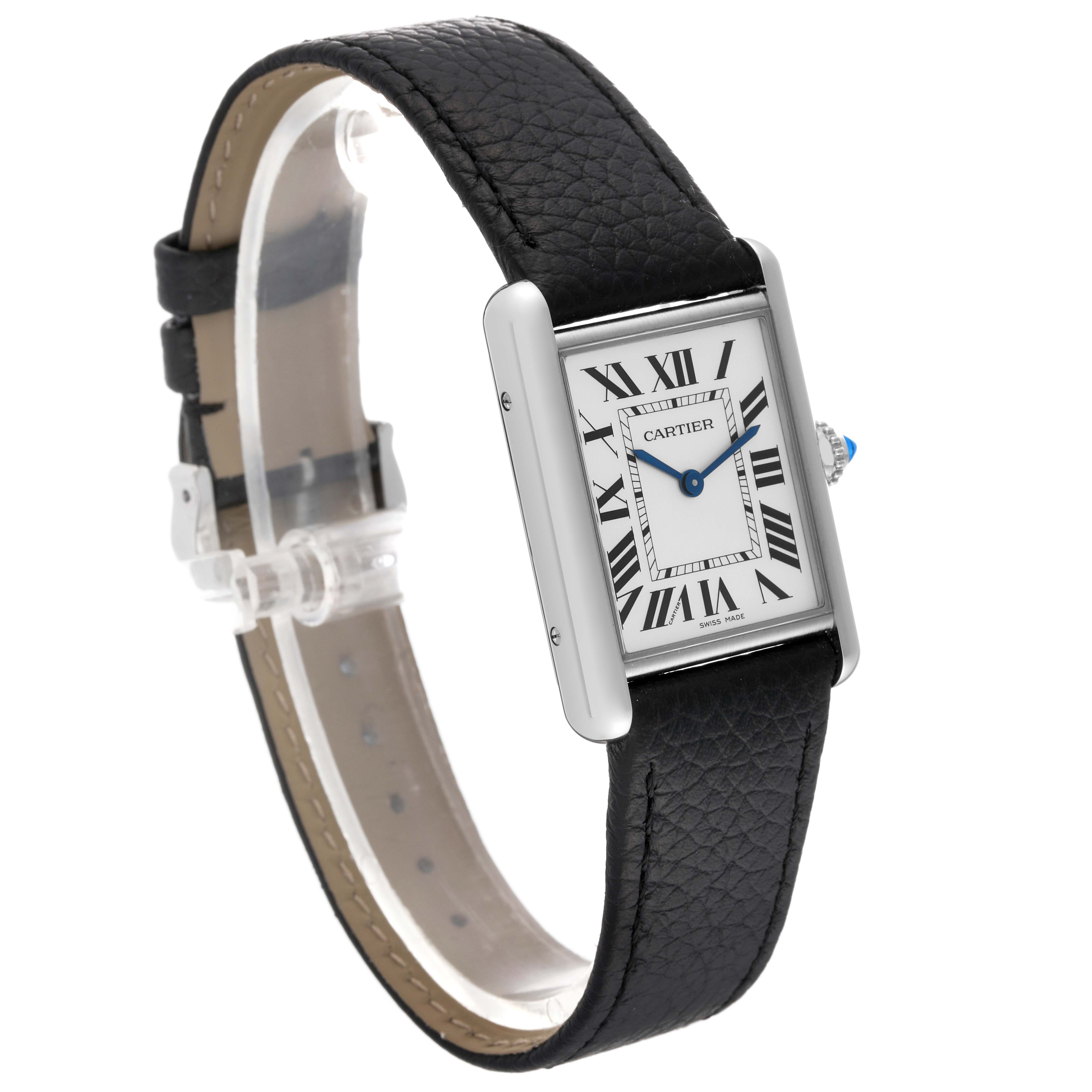 The image shows a Cartier Tank Must WSTA0041 Women's Stainless Steel Silver Dial WSTA0041 Women's Stainless Steel Silver Dial watch at a three-quarter angle, highlighting its leather strap, rectangular case, and dial.