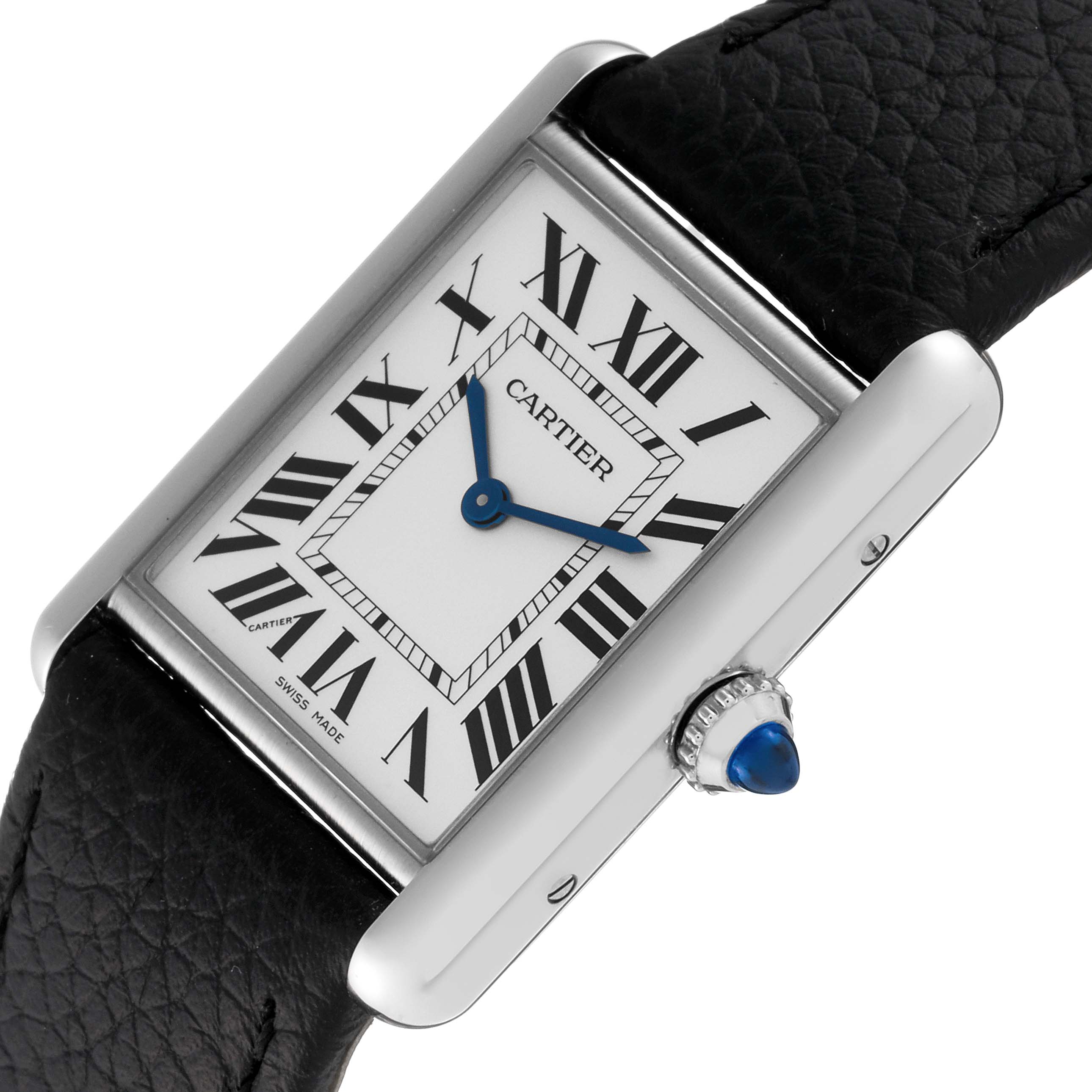 The Cartier Tank Must WSTA0041 Women's Stainless Steel Silver Dial WSTA0041 Women's Stainless Steel Silver Dial watch is shown at a slight angle, highlighting the face, strap, and crown with a blue cabochon.