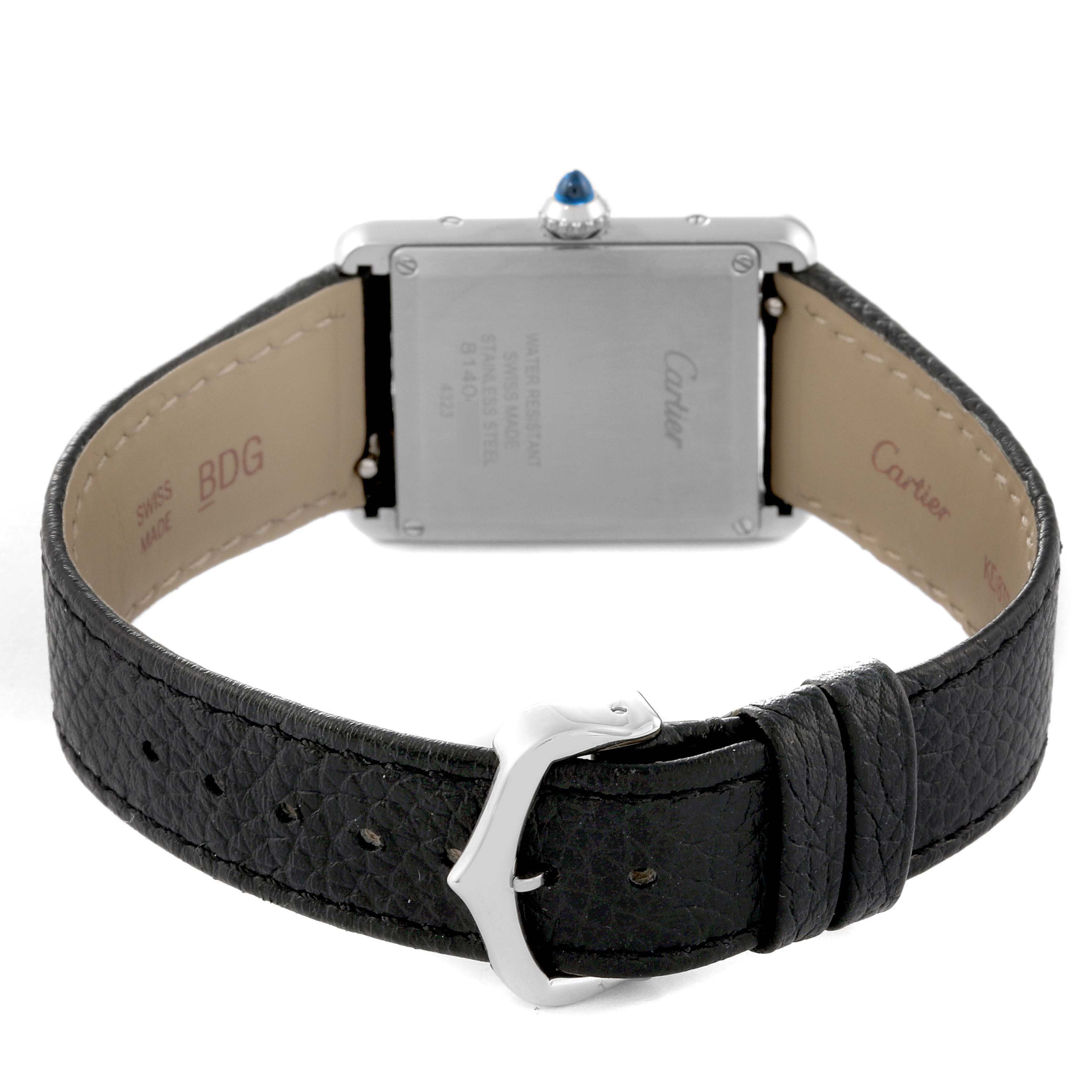 This image shows the back of the Tank Must model by Cartier, highlighting the case back, strap, and buckle.