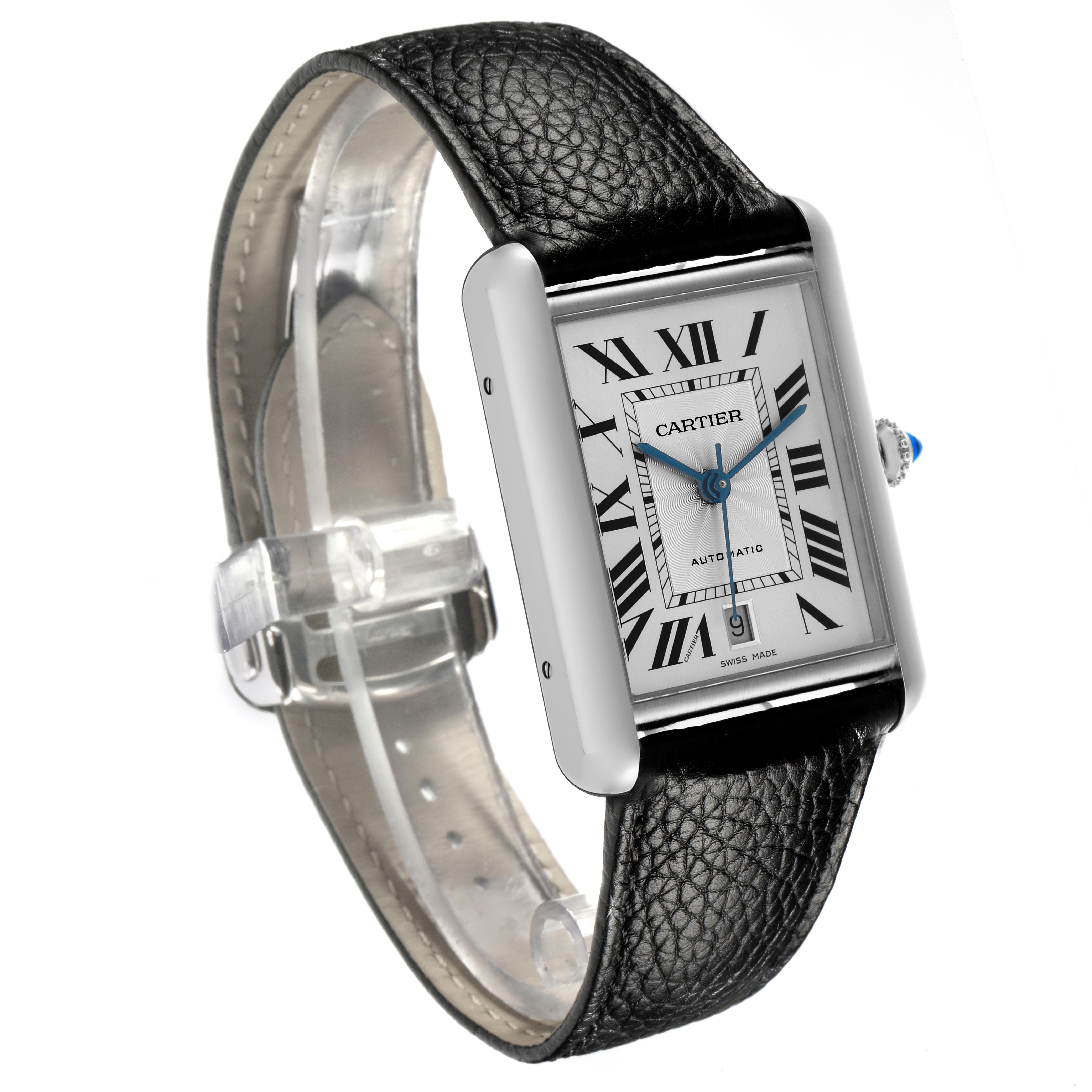 The Cartier Tank Must WSTA0040 Men's Stainless Steel Silver Dial WSTA0040 Men's Stainless Steel Silver Dial watch is shown at a slight angle, highlighting the face, Roman numerals, and textured black leather strap.