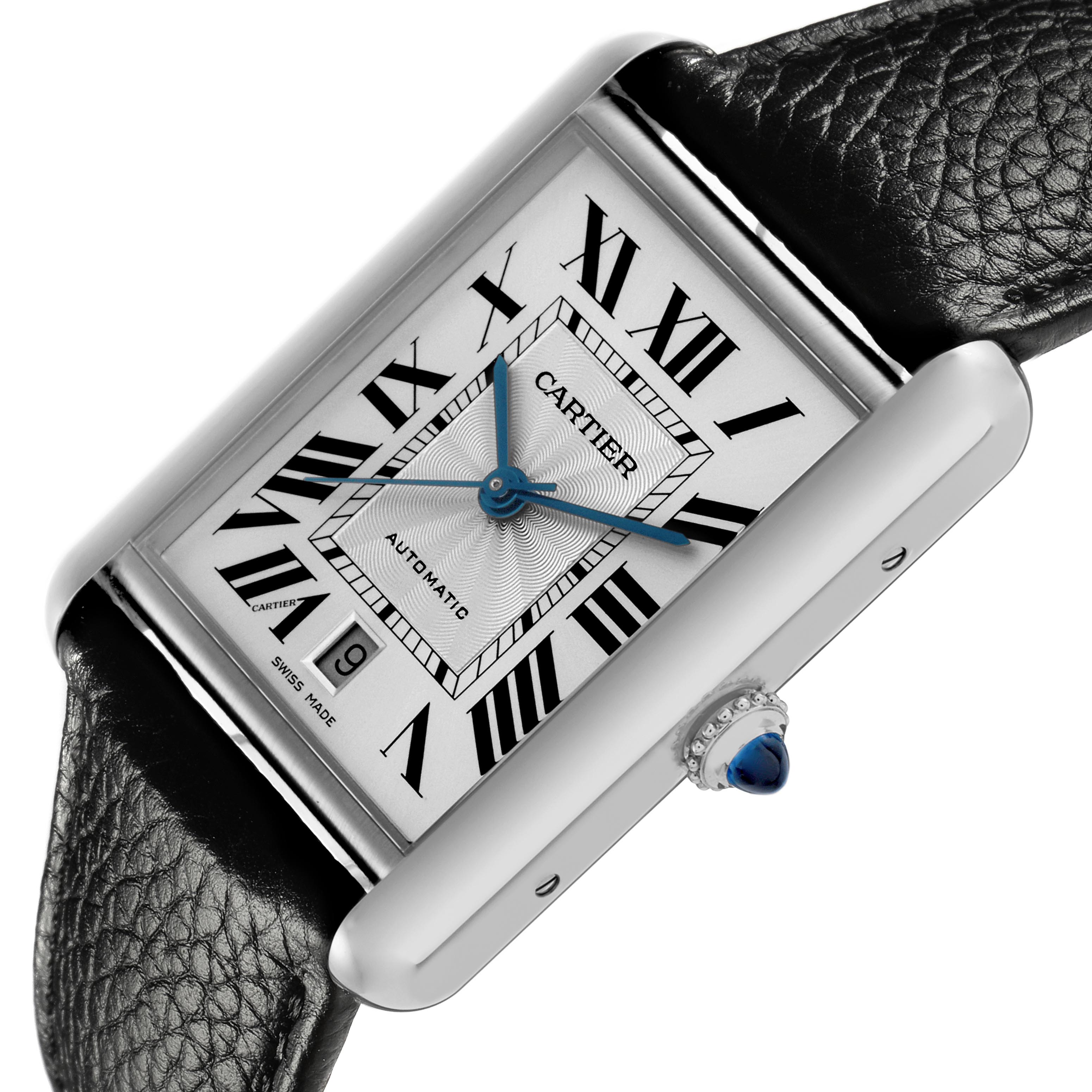 The Cartier Tank Must WSTA0040 Men's Stainless Steel Silver Dial WSTA0040 Men's Stainless Steel Silver Dial watch is shown at an angled view, highlighting the face, crown, and part of the leather strap.
