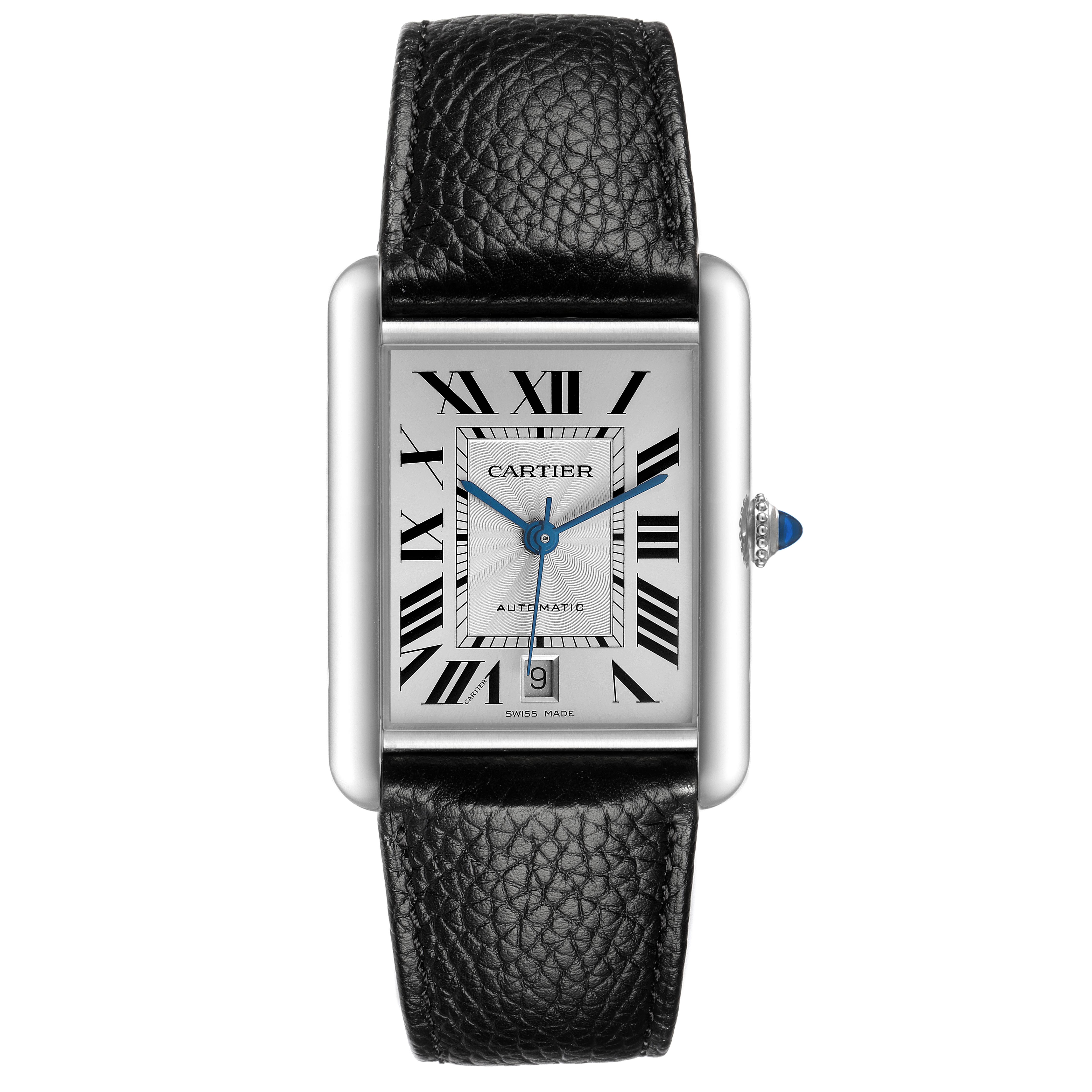 The Cartier Tank Must WSTA0040 Men's Stainless Steel Silver Dial WSTA0040 Men's Stainless Steel Silver Dial watch is shown from the front, displaying the face, leather strap, crown, and Roman numerals.
