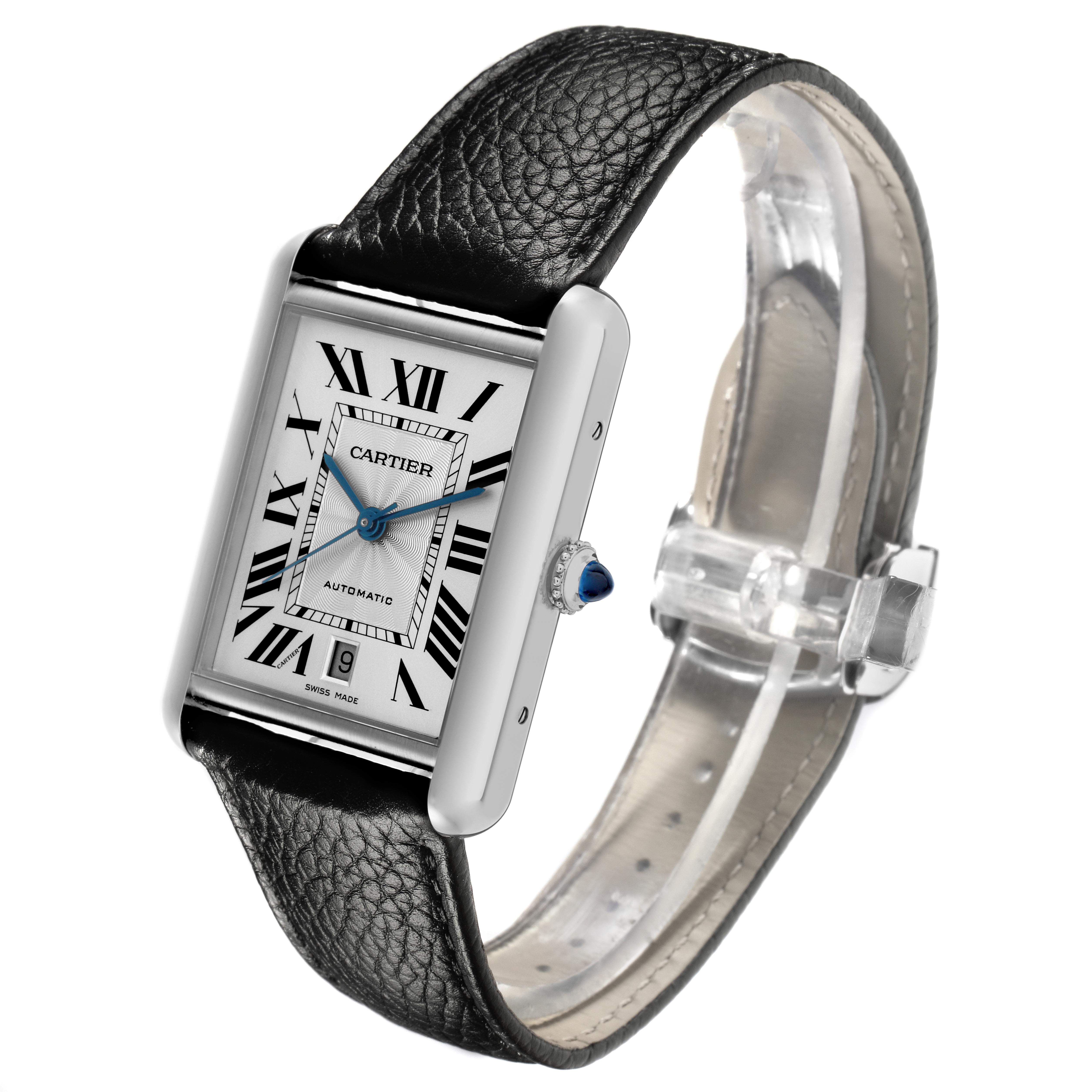 The Cartier Tank Must WSTA0040 Men's Stainless Steel Silver Dial WSTA0040 Men's Stainless Steel Silver Dial watch is shown at an angle displaying the face, crown, and leather strap.