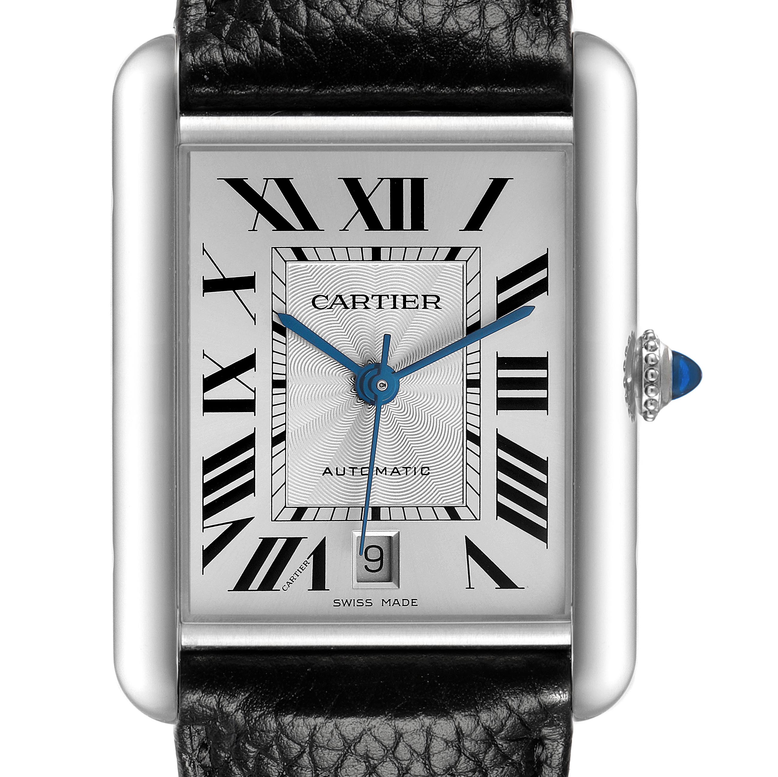 The Cartier Tank Must WSTA0040 Men's Stainless Steel Silver Dial WSTA0040 Men's Stainless Steel Silver Dial is shown from the front, highlighting its rectangular face, Roman numerals, and black leather strap.