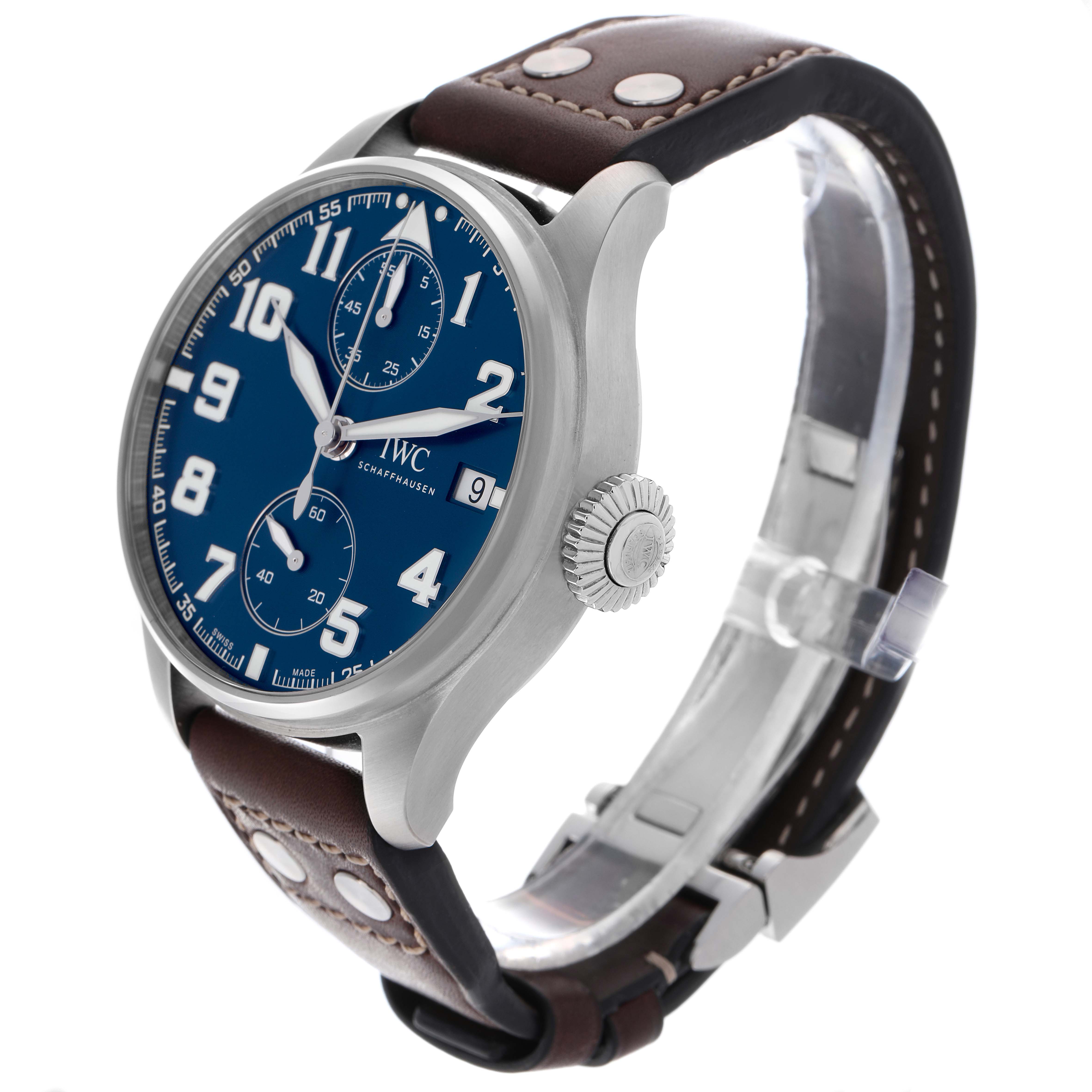 The IWC Pilot IW515202 Men's Stainless Steel Blue Dial IW515202 Men's Stainless Steel Blue Dial watch is shown at a three-quarter angle, highlighting the blue dial, crown, and brown leather strap.