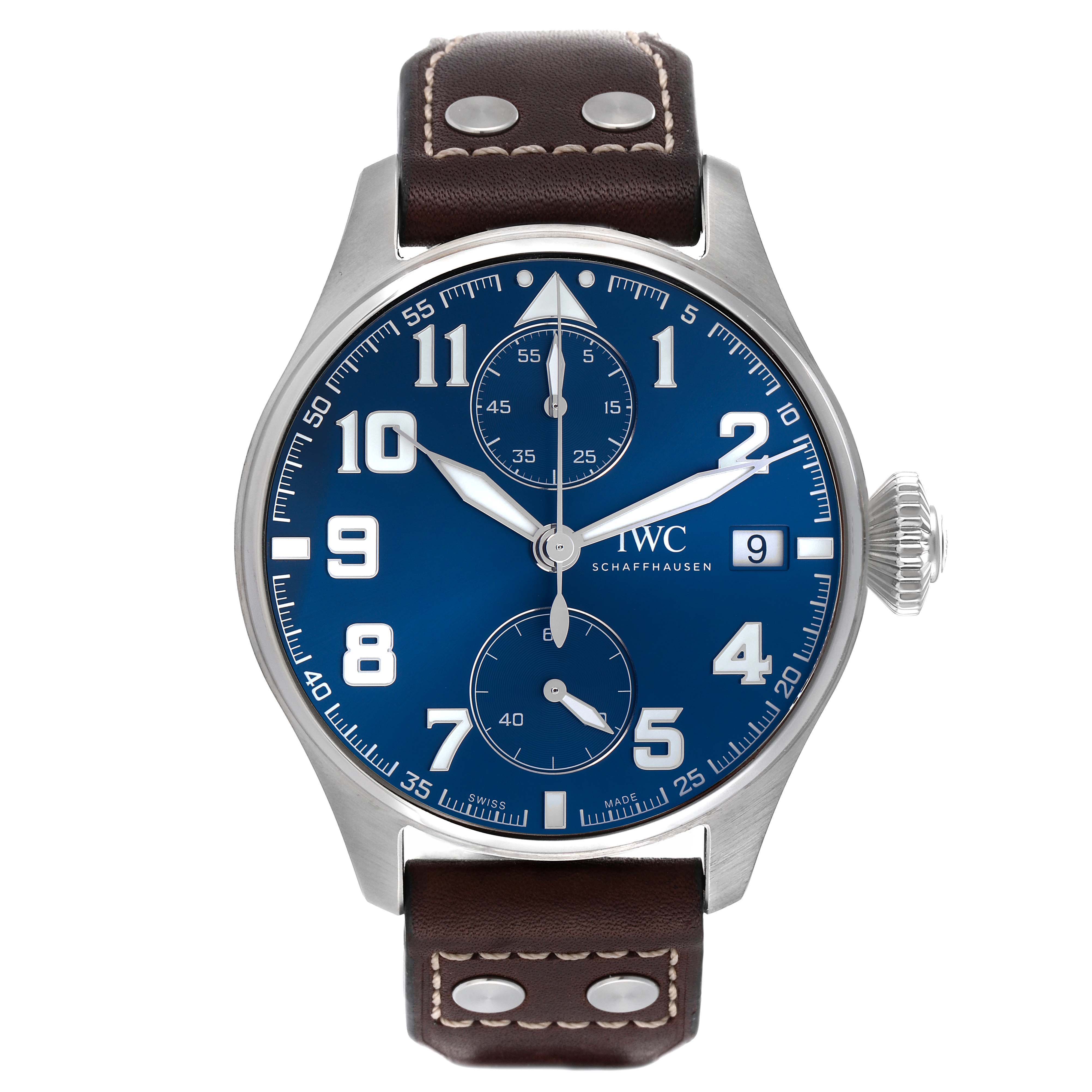 The IWC Pilot IW515202 Men's Stainless Steel Blue Dial IW515202 Men's Stainless Steel Blue Dial model watch is shown from the front, displaying its blue dial, chronograph subdials, date window, and leather strap.