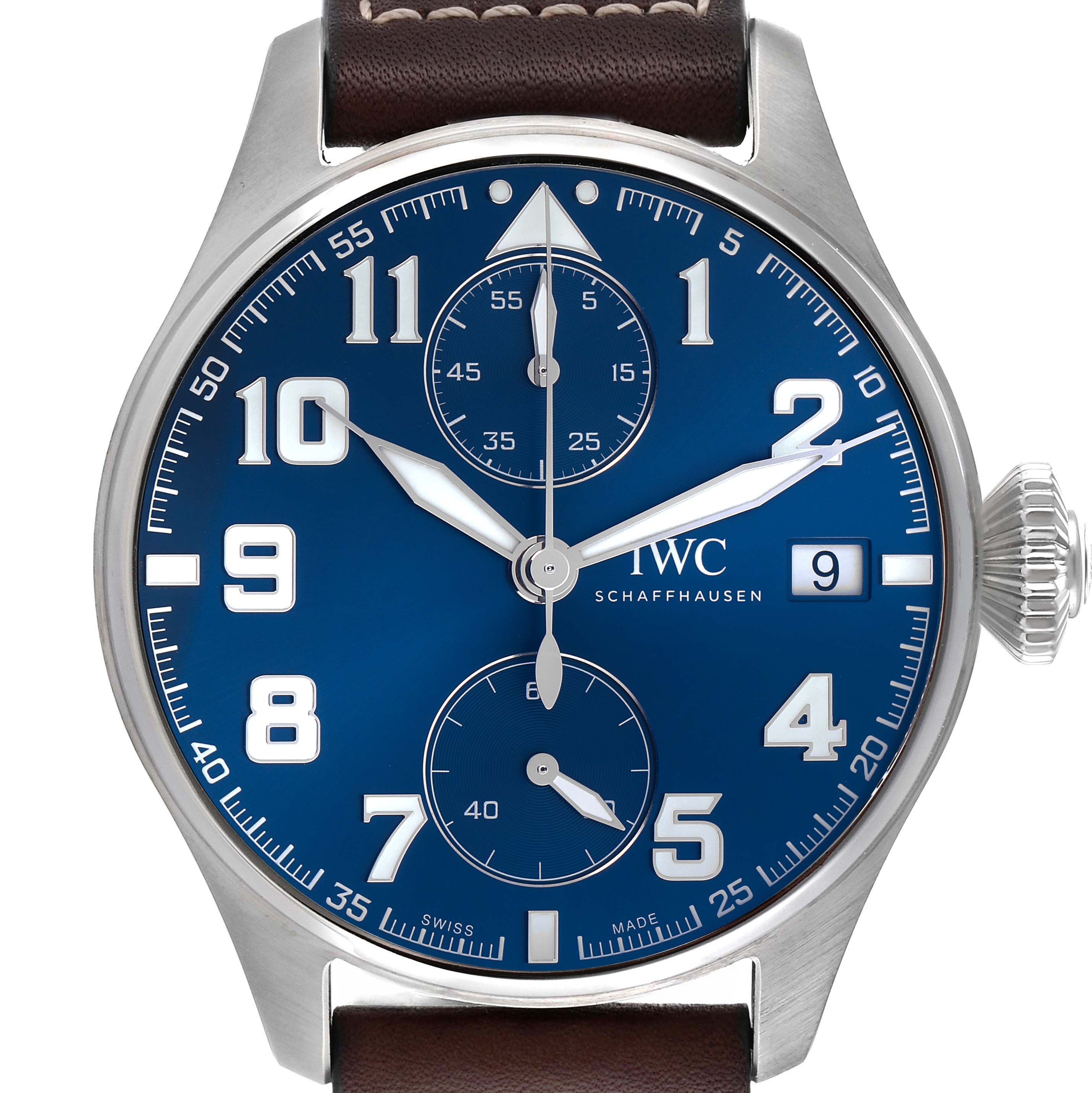 The image shows a front view of the IWC Pilot IW515202 Men's Stainless Steel Blue Dial IW515202 Men's Stainless Steel Blue Dial watch, highlighting its blue dial and chronograph features.