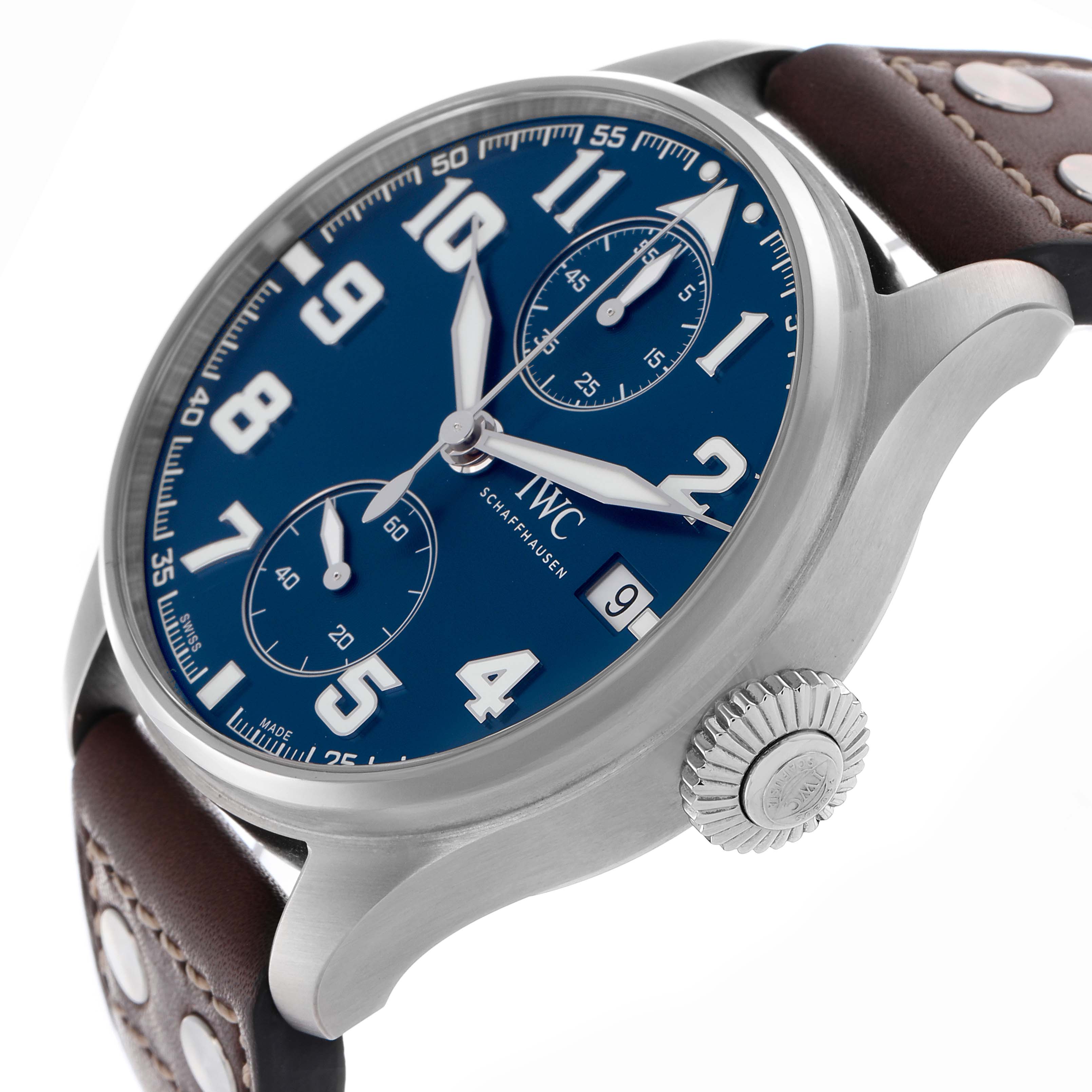 The IWC Pilot IW515202 Men's Stainless Steel Blue Dial IW515202 Men's Stainless Steel Blue Dial watch is shown at an angled side view, highlighting the dial, crown, and leather strap.