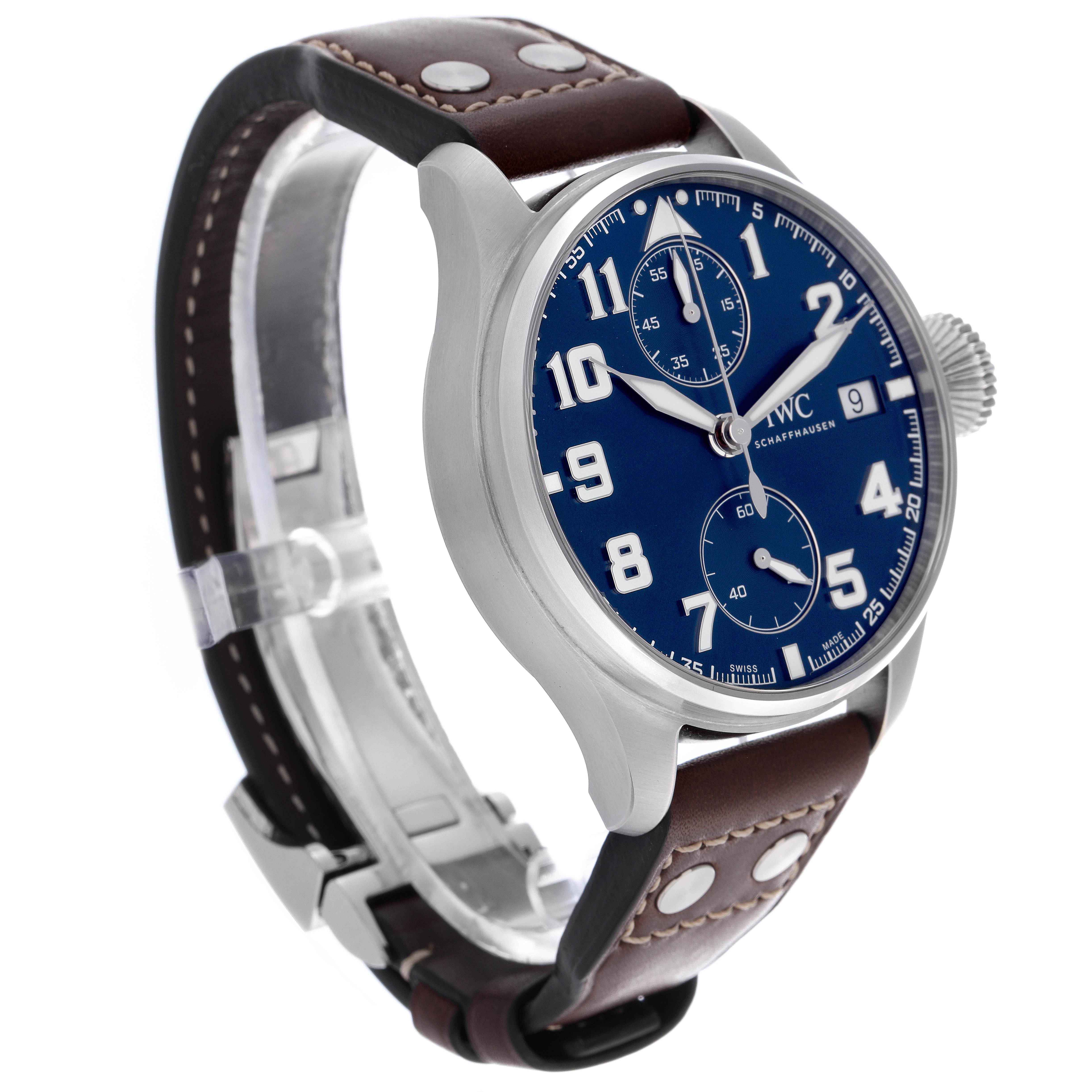The IWC Pilot IW515202 Men's Stainless Steel Blue Dial IW515202 Men's Stainless Steel Blue Dial model watch is shown at a slight angle, highlighting its blue dial, numerals, and brown leather strap.
