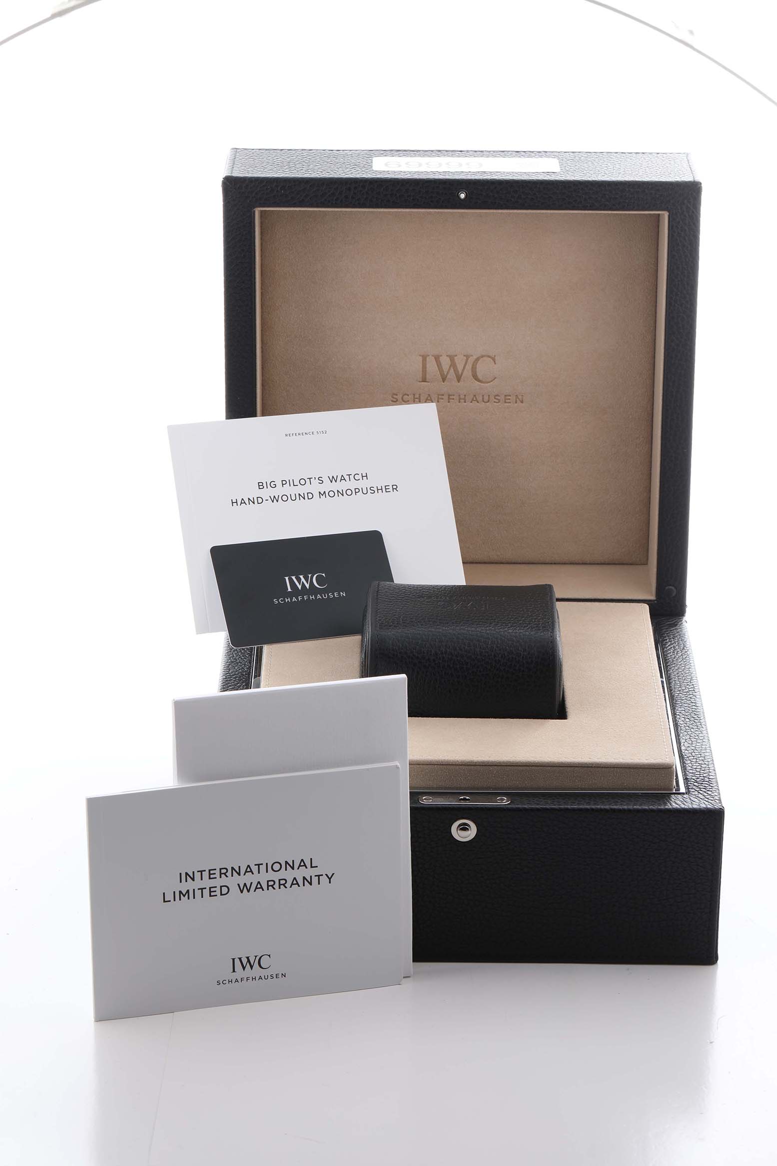 The image shows an IWC Pilot IW515202 Men's Stainless Steel Blue Dial IW515202 Men's Stainless Steel Blue Dial watch box with manuals and warranty documents, viewed from the front.