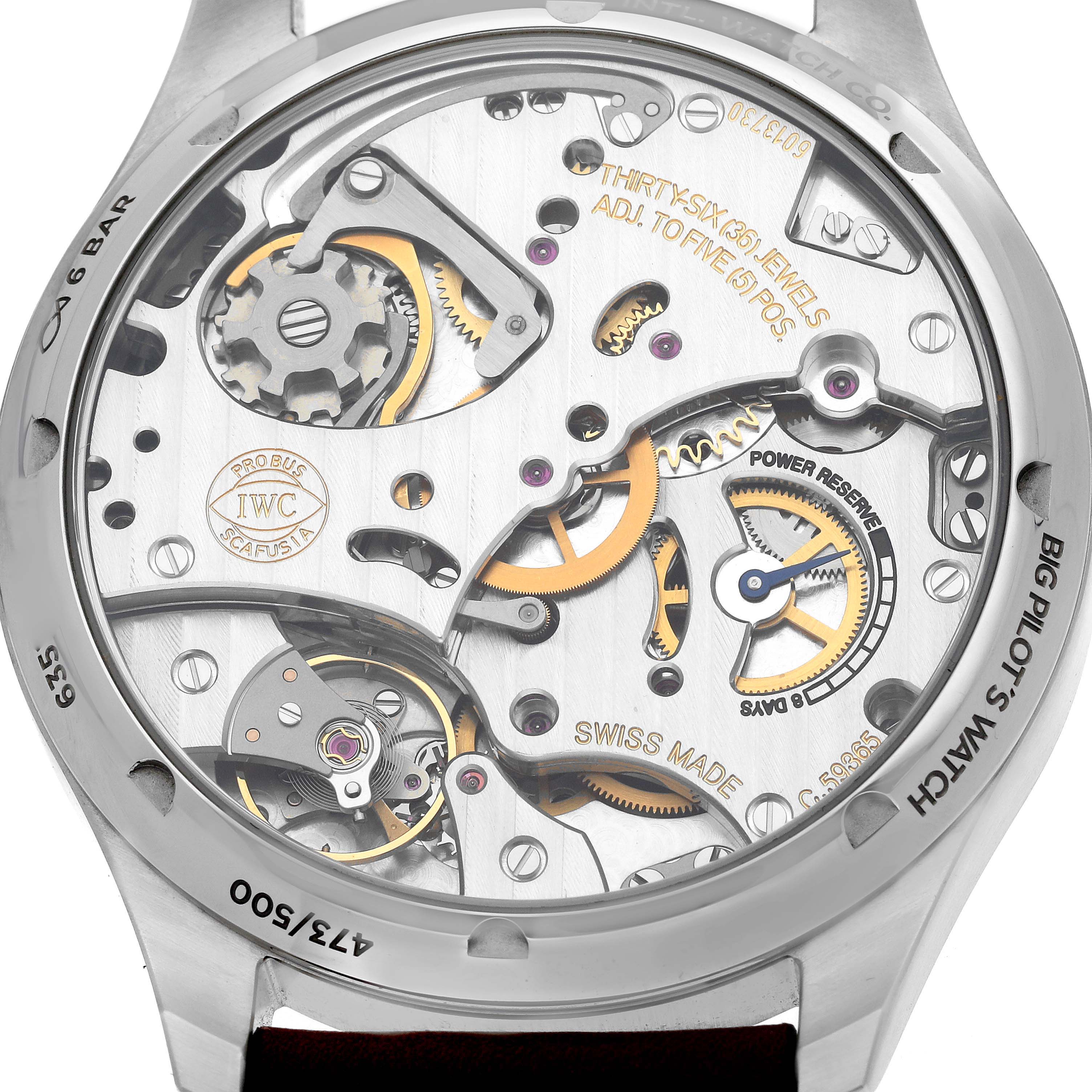 The image shows the back view of the IWC Pilot IW515202 Men's Stainless Steel Blue Dial IW515202 Men's Stainless Steel Blue Dial model, highlighting its intricate movement and mechanical components.