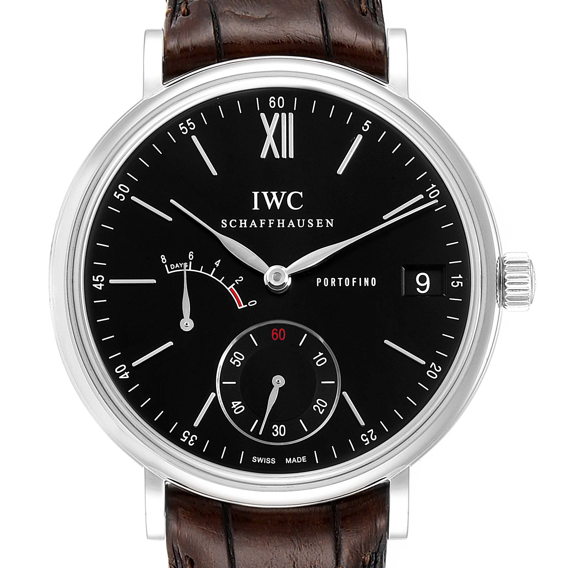 The image shows the front view of the IWC Portofino IW510102 Men's Stainless Steel Black Dial IW510102 Men's Stainless Steel Black Dial watch, featuring its black dial, brown leather strap, and sub-dials.