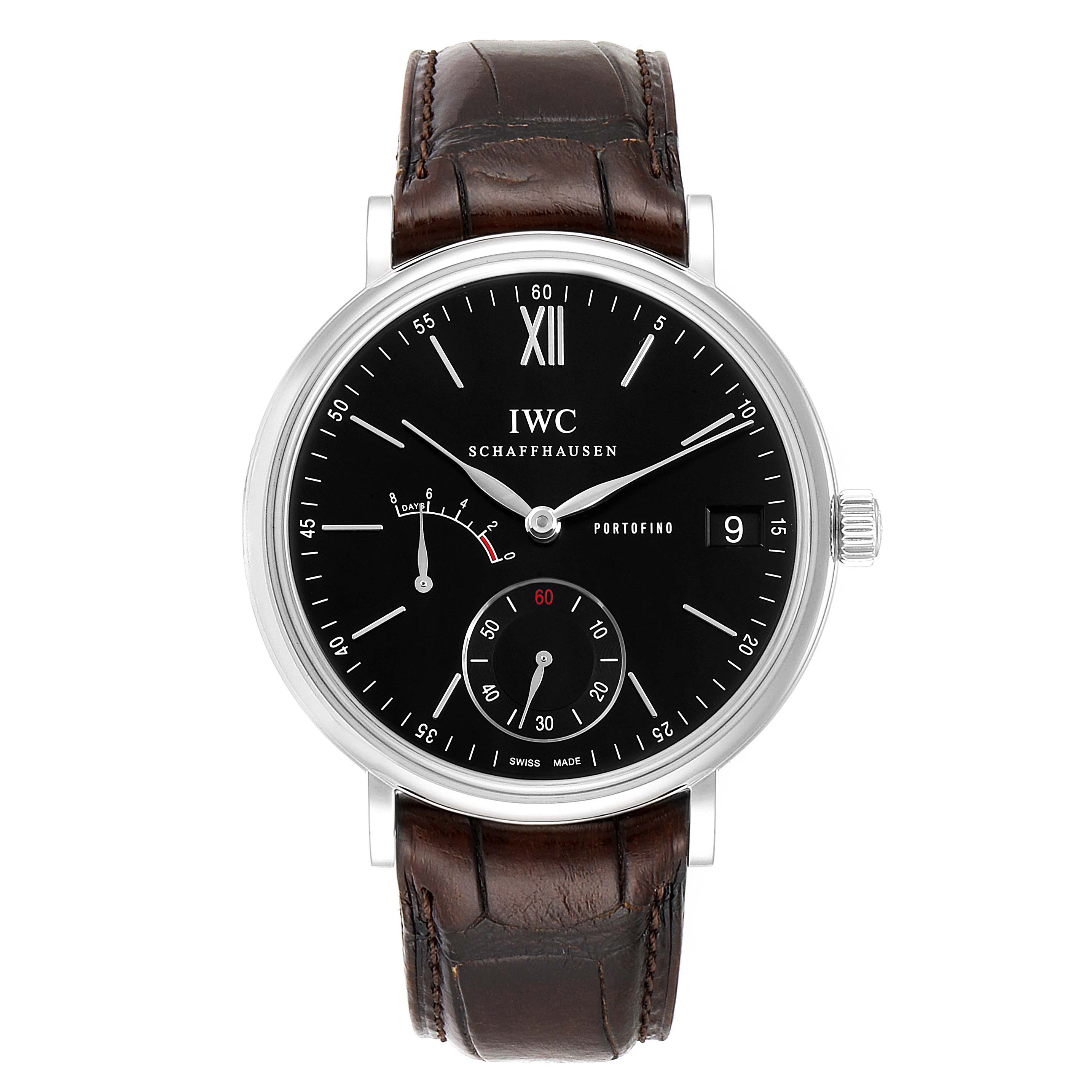 This image shows a frontal view of the IWC Portofino IW510102 Men's Stainless Steel Black Dial IW510102 Men's Stainless Steel Black Dial watch, displaying the dial, hands, subdials, and leather strap.