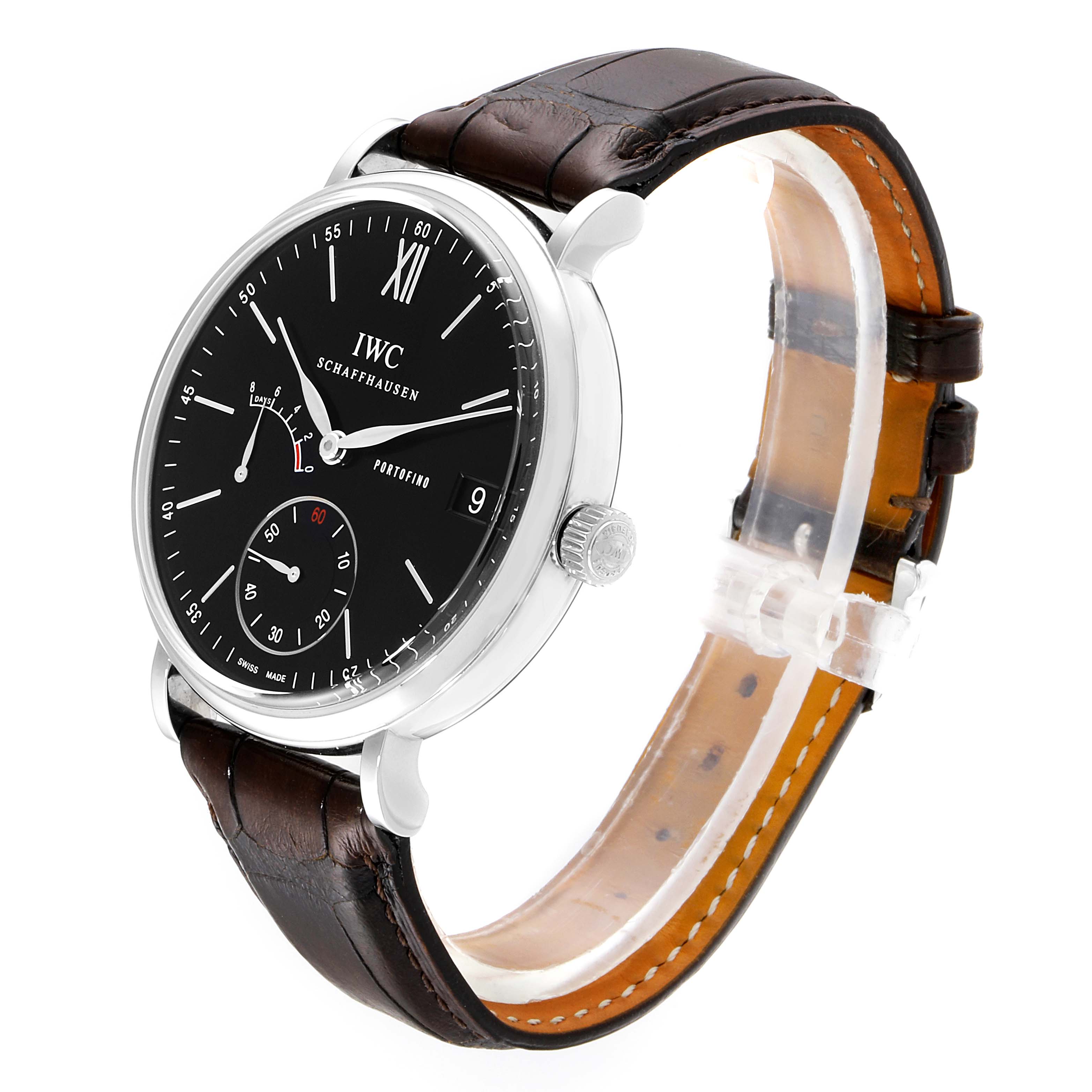 This image shows a side angle of the IWC Portofino IW510102 Men's Stainless Steel Black Dial IW510102 Men's Stainless Steel Black Dial watch, featuring its face, crown, and leather strap.