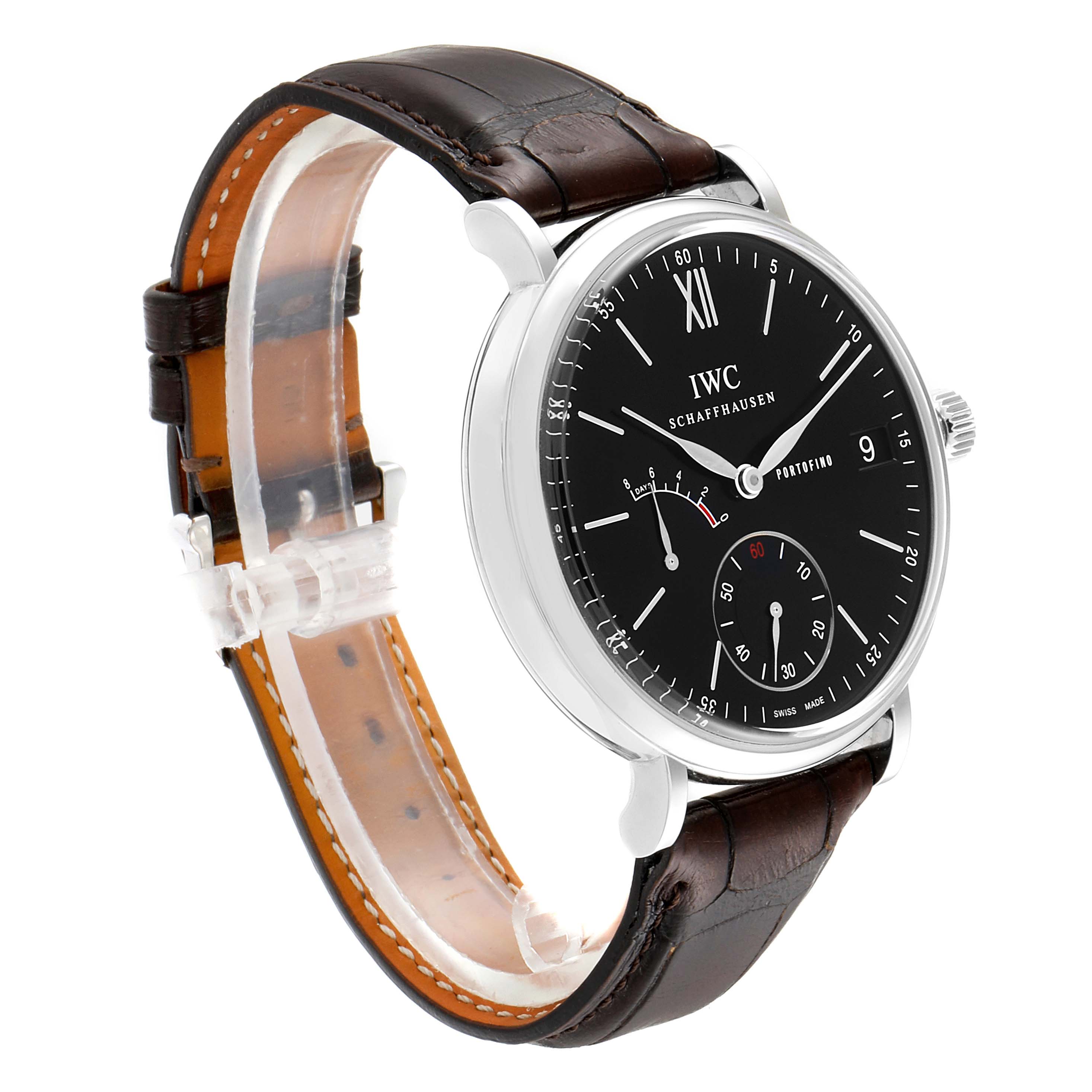 The image shows a side-angle view of the IWC Portofino IW510102 Men's Stainless Steel Black Dial IW510102 Men's Stainless Steel Black Dial watch, highlighting the black dial, watch crown, and brown leather strap.