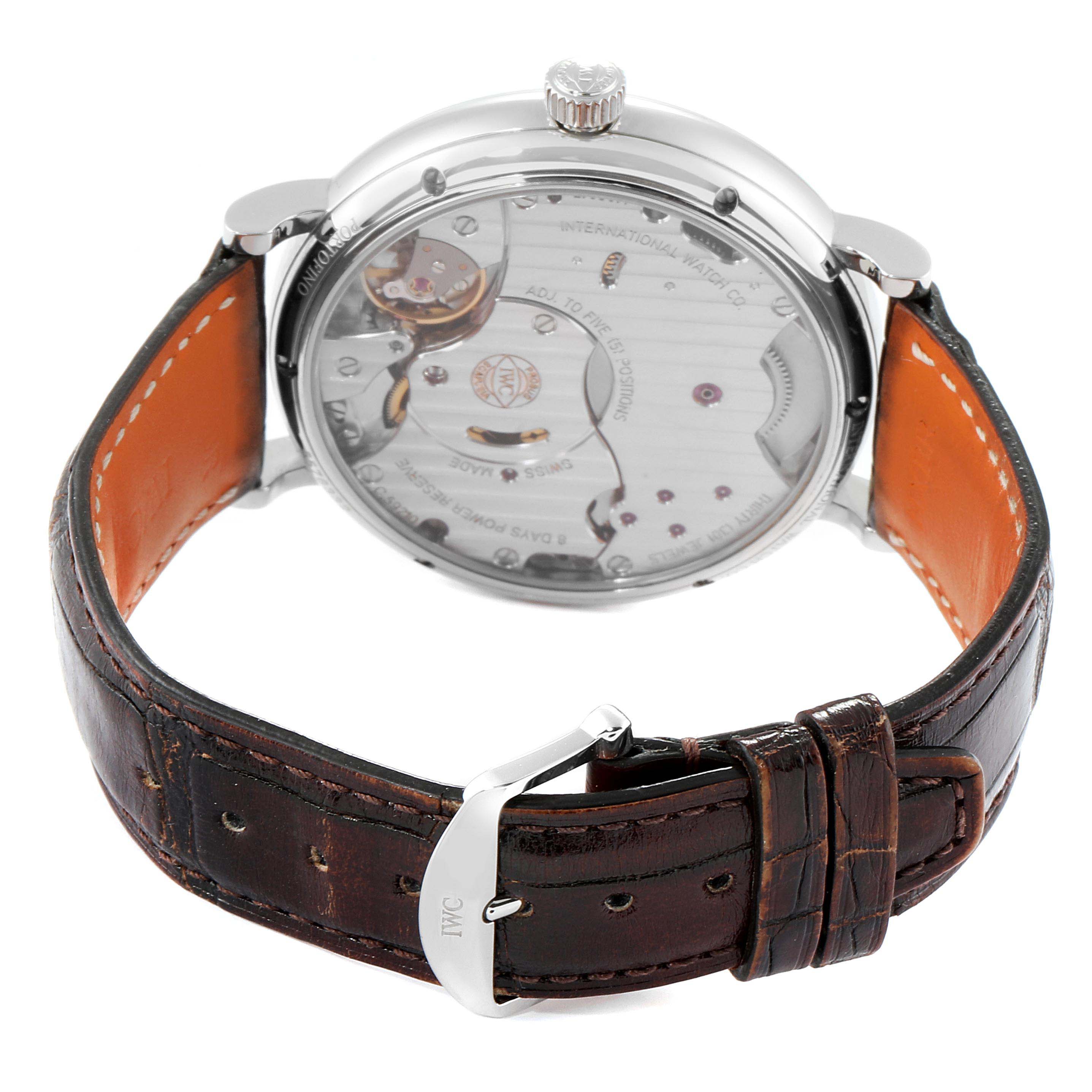 The image shows the back view of an IWC Portofino IW510102 Men's Stainless Steel Black Dial IW510102 Men's Stainless Steel Black Dial watch, highlighting its transparent case back and leather strap.