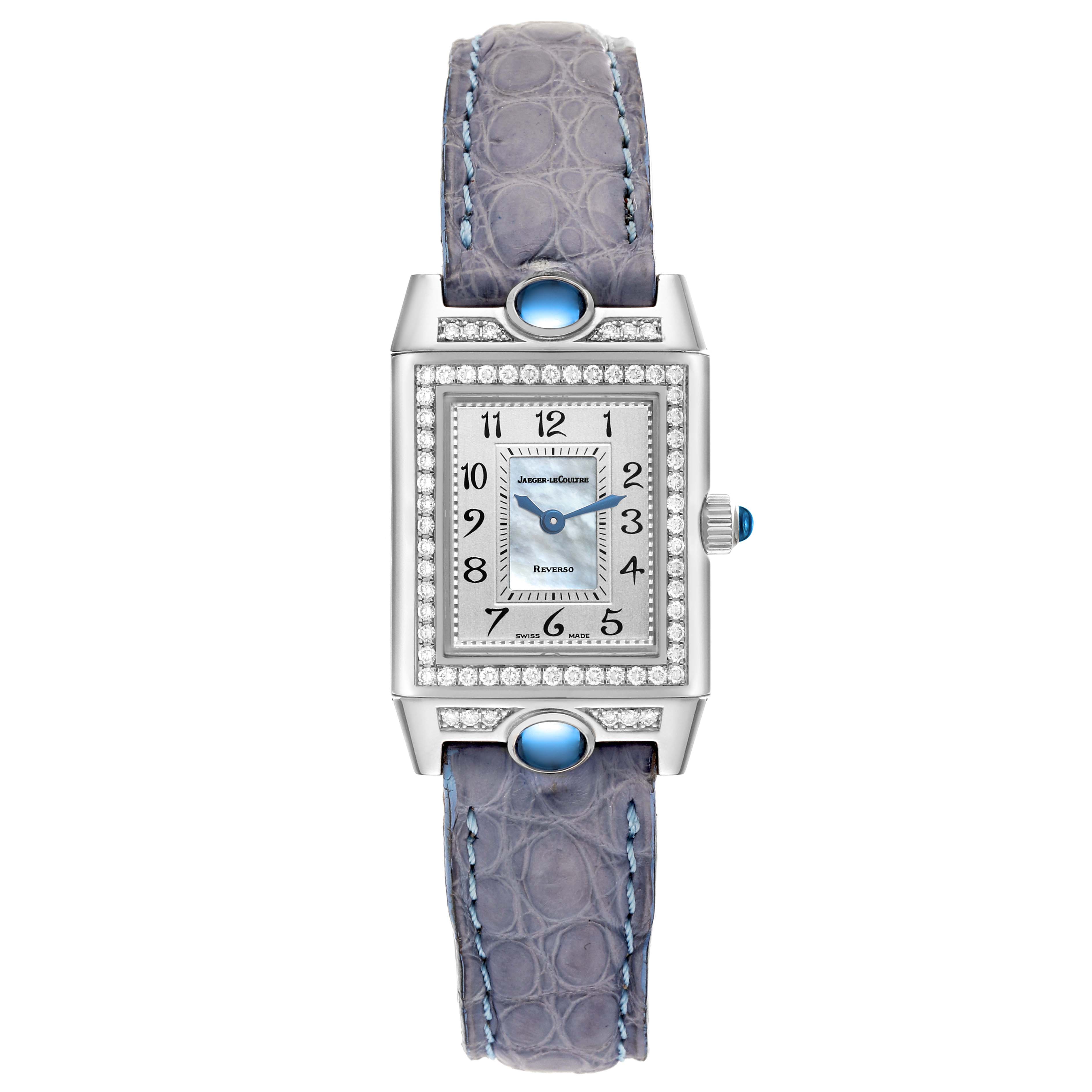 This image shows a frontal view of the Jaeger-LeCoultre Reverso watch with its face, strap, and crown visible.