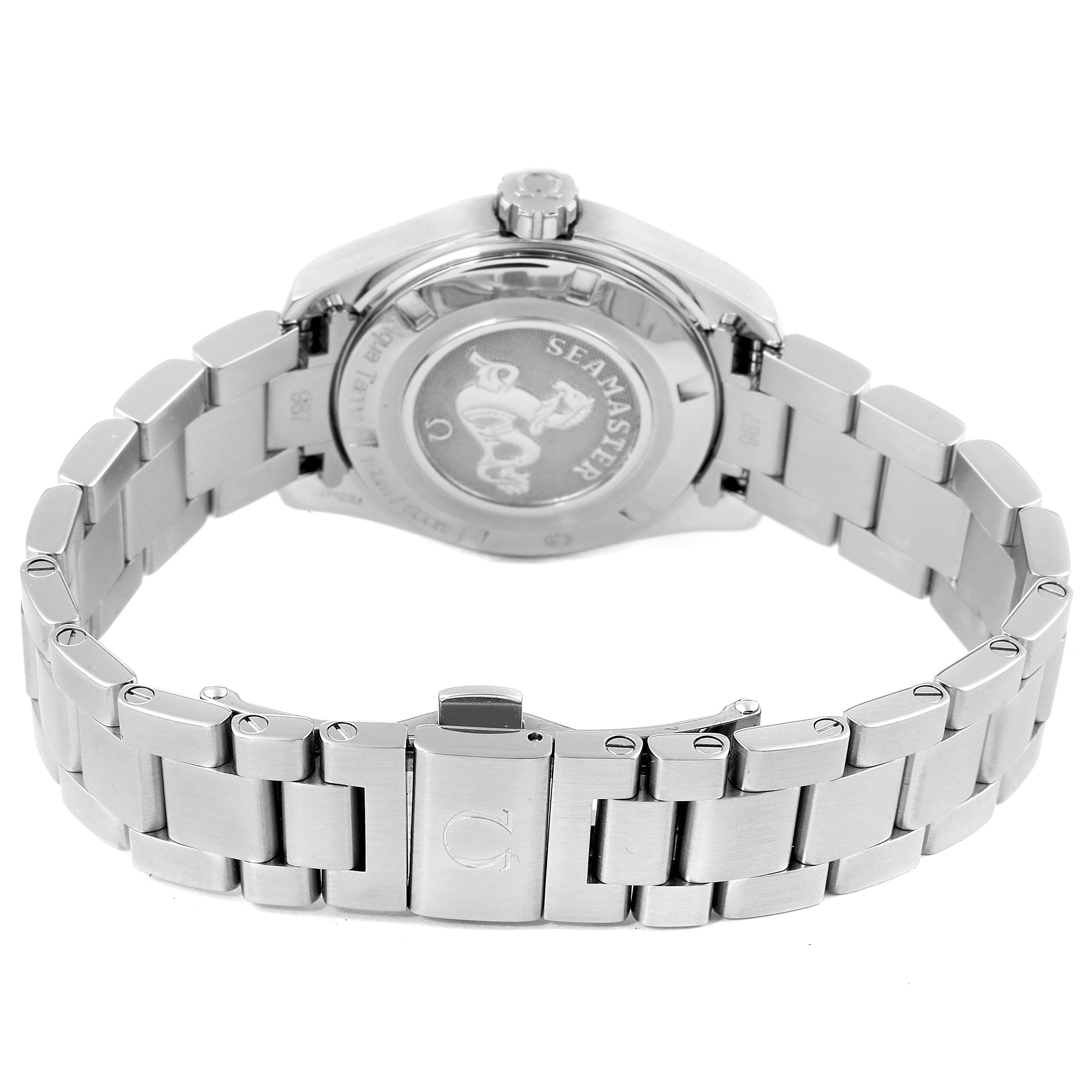 This image shows the back and bracelet of the Omega 231.10.30.61.55.001 Women
s Stainless Steel Mother of Pearl Dial 231.10.30.61.55.001 Women
s Stainless Steel Mother of Pearl Dial Aqua Terra Steel MOP Diamond Ladies Watch 231.10.30.61.55.001 Unworn model.