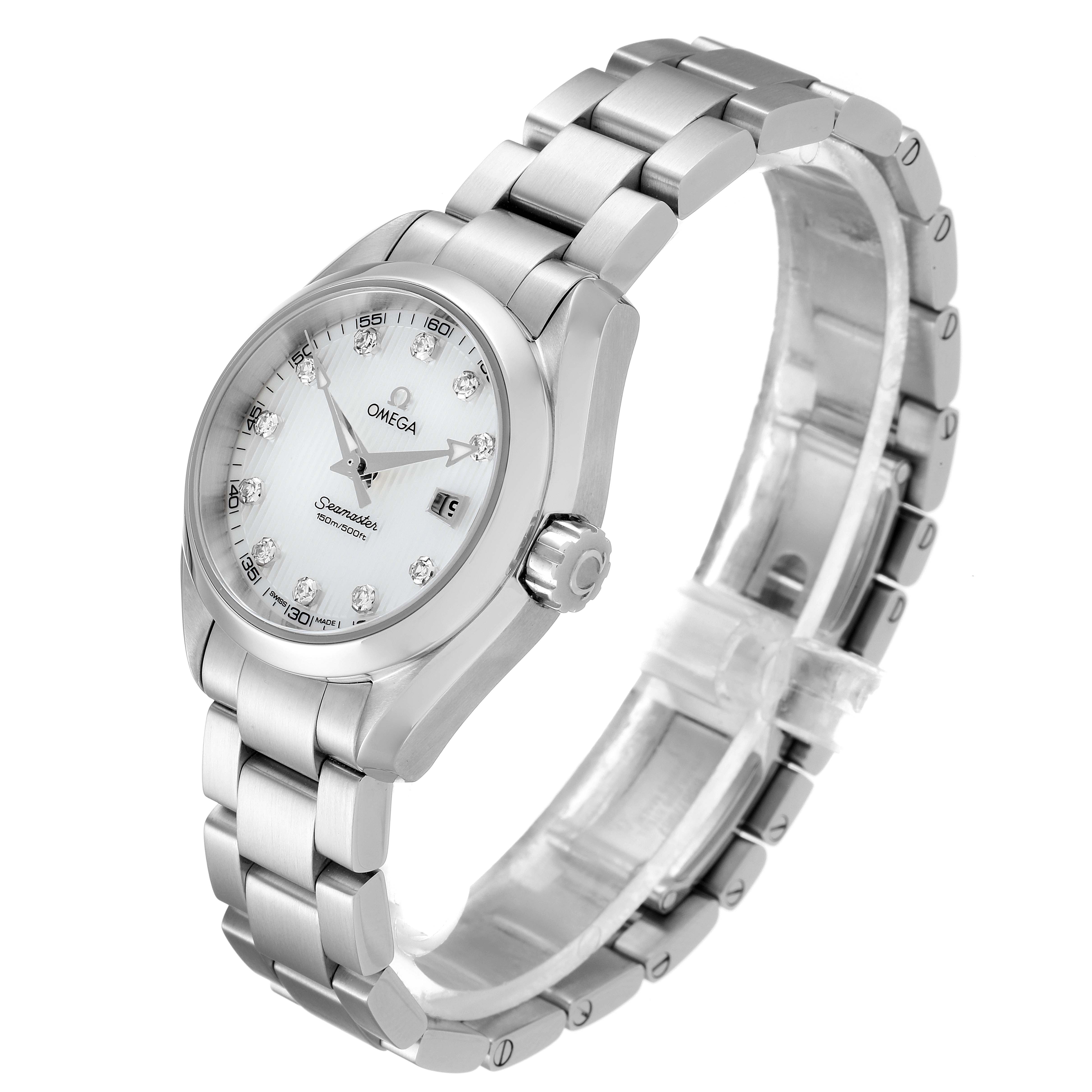 The image displays an Omega 231.10.30.61.55.001 Women
s Stainless Steel Mother of Pearl Dial 231.10.30.61.55.001 Women
s Stainless Steel Mother of Pearl Dial Aqua Terra Steel MOP Diamond Ladies Watch 231.10.30.61.55.001 at a three-quarter angle showing the dial and bracelet.