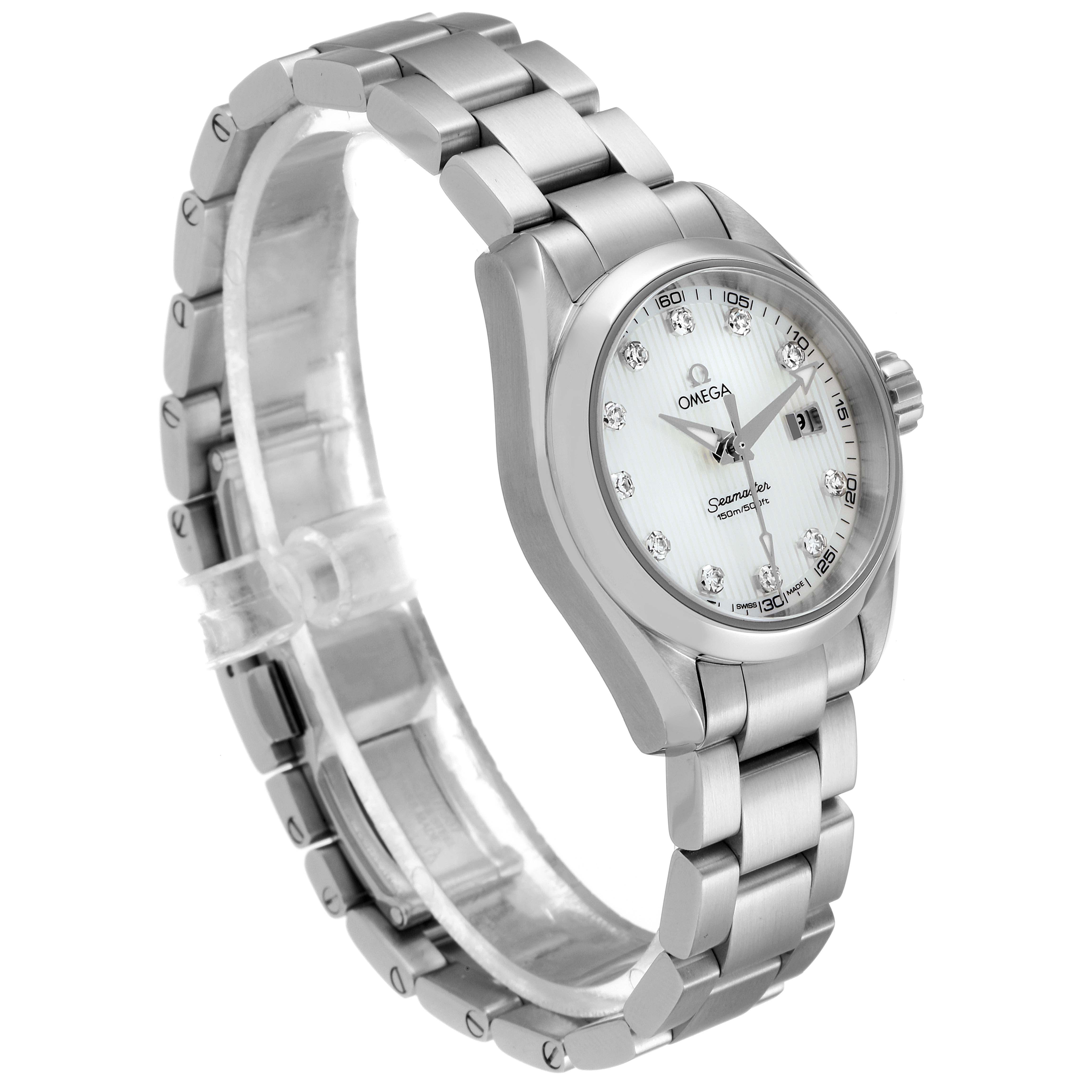 The image shows an Omega 231.10.30.61.55.001 Women
s Stainless Steel Mother of Pearl Dial 231.10.30.61.55.001 Women
s Stainless Steel Mother of Pearl Dial Aqua Terra Steel MOP Diamond Ladies Watch 231.10.30.61.55.001, angled to display its face and bracelet.