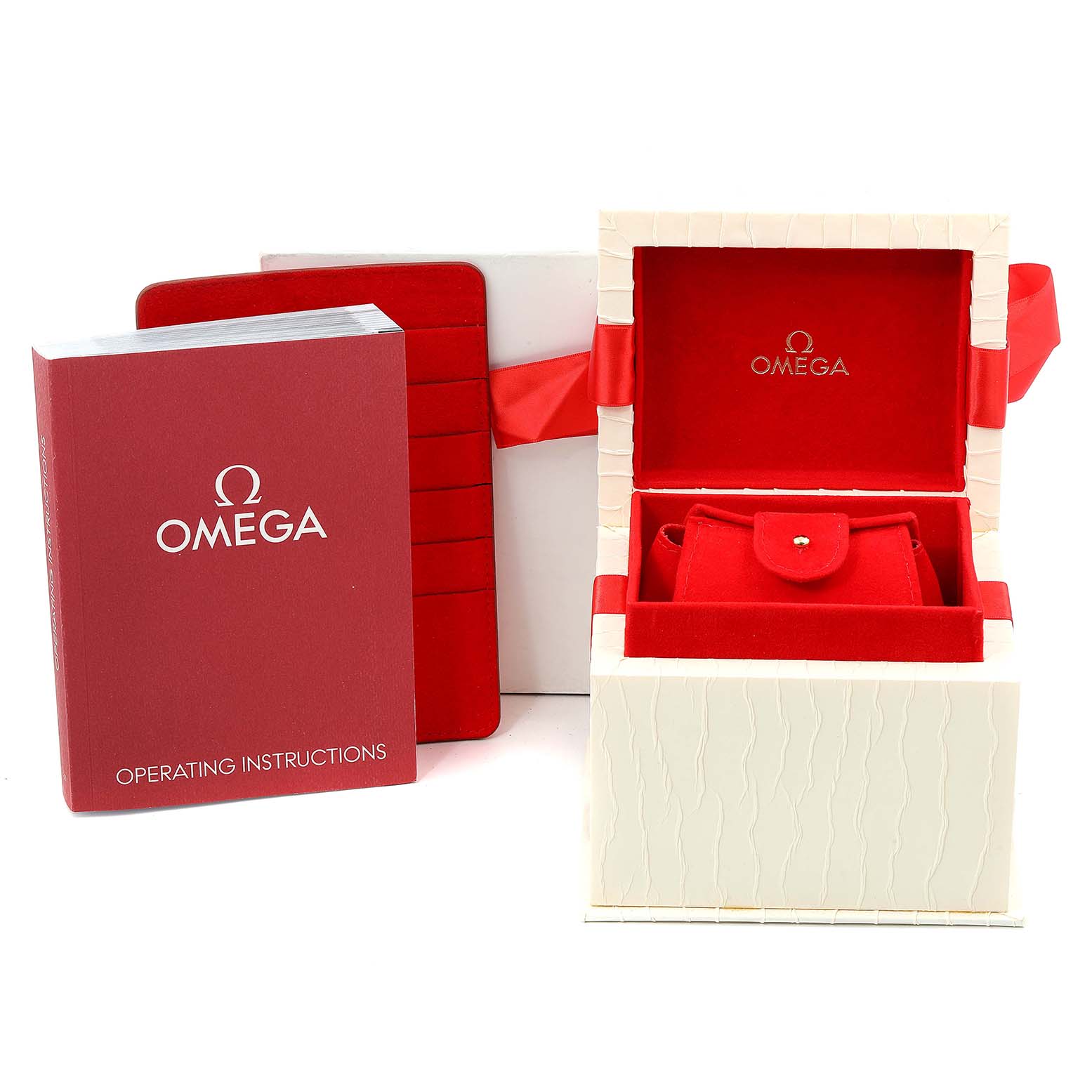 The image displays the box, operating instructions, and packaging for the Omega 231.10.30.61.55.001 Women
s Stainless Steel Mother of Pearl Dial 231.10.30.61.55.001 Women
s Stainless Steel Mother of Pearl Dial Aqua Terra Steel MOP Diamond Ladies Watch 231.10.30.61.55.001.