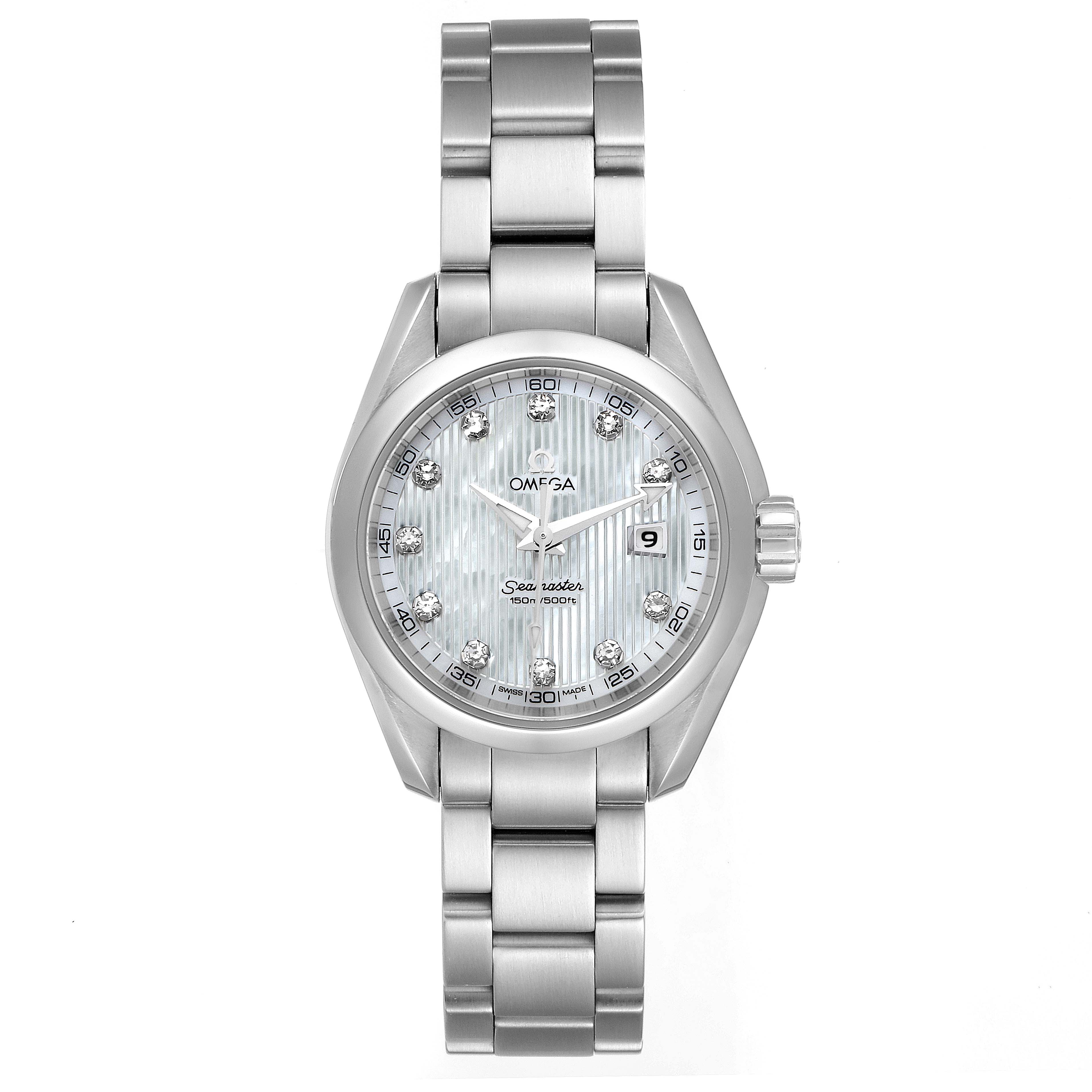 The image shows a frontal view of the Omega 231.10.30.61.55.001 Women
s Stainless Steel Mother of Pearl Dial 231.10.30.61.55.001 Women
s Stainless Steel Mother of Pearl Dial Aqua Terra Steel MOP Diamond Ladies Watch 231.10.30.61.55.001.