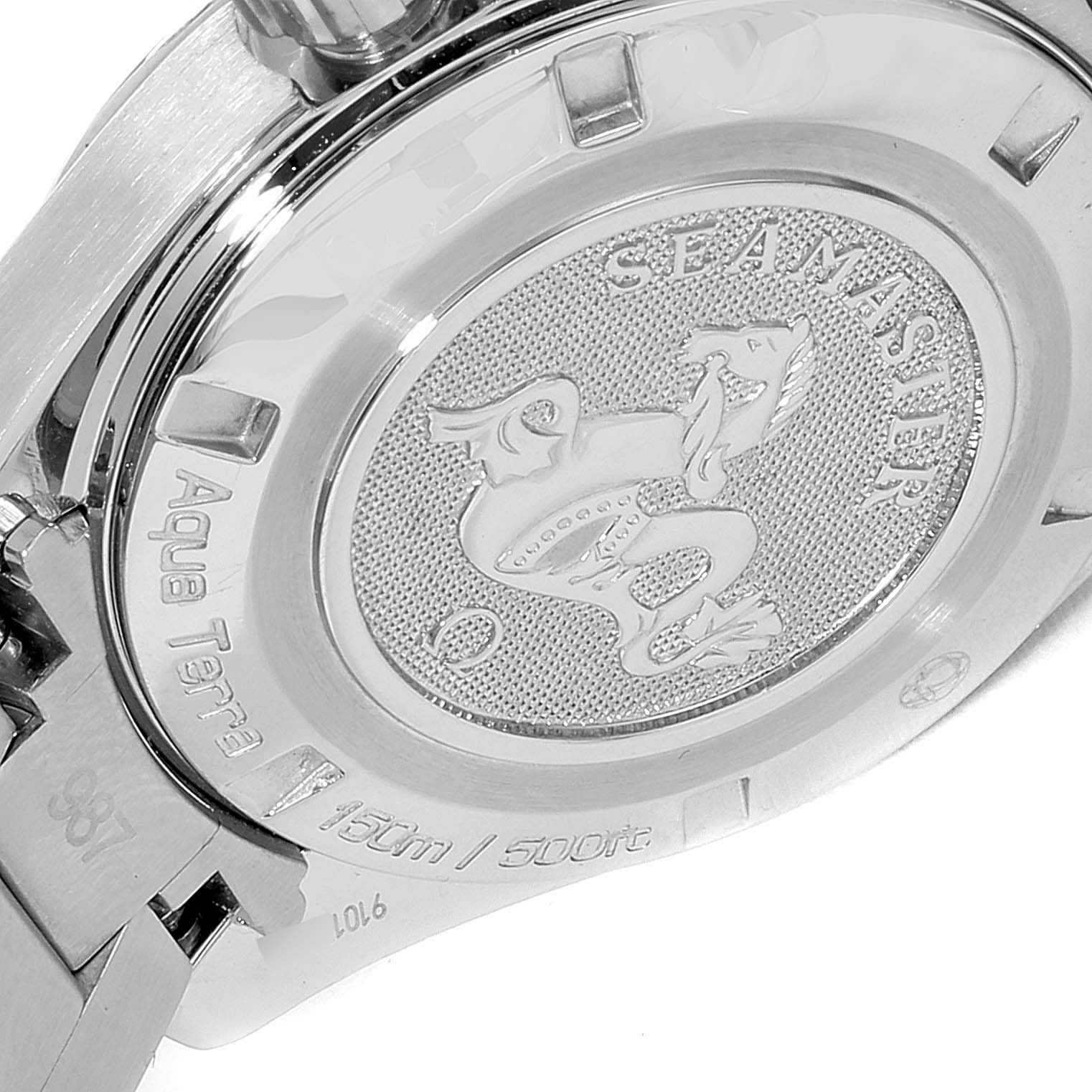 The image shows the engraved case back of the Omega 231.10.30.61.55.001 Women
s Stainless Steel Mother of Pearl Dial 231.10.30.61.55.001 Women
s Stainless Steel Mother of Pearl Dial Aqua Terra Steel MOP Diamond Ladies Watch 231.10.30.61.55.001, including the crown and part of the bracelet.