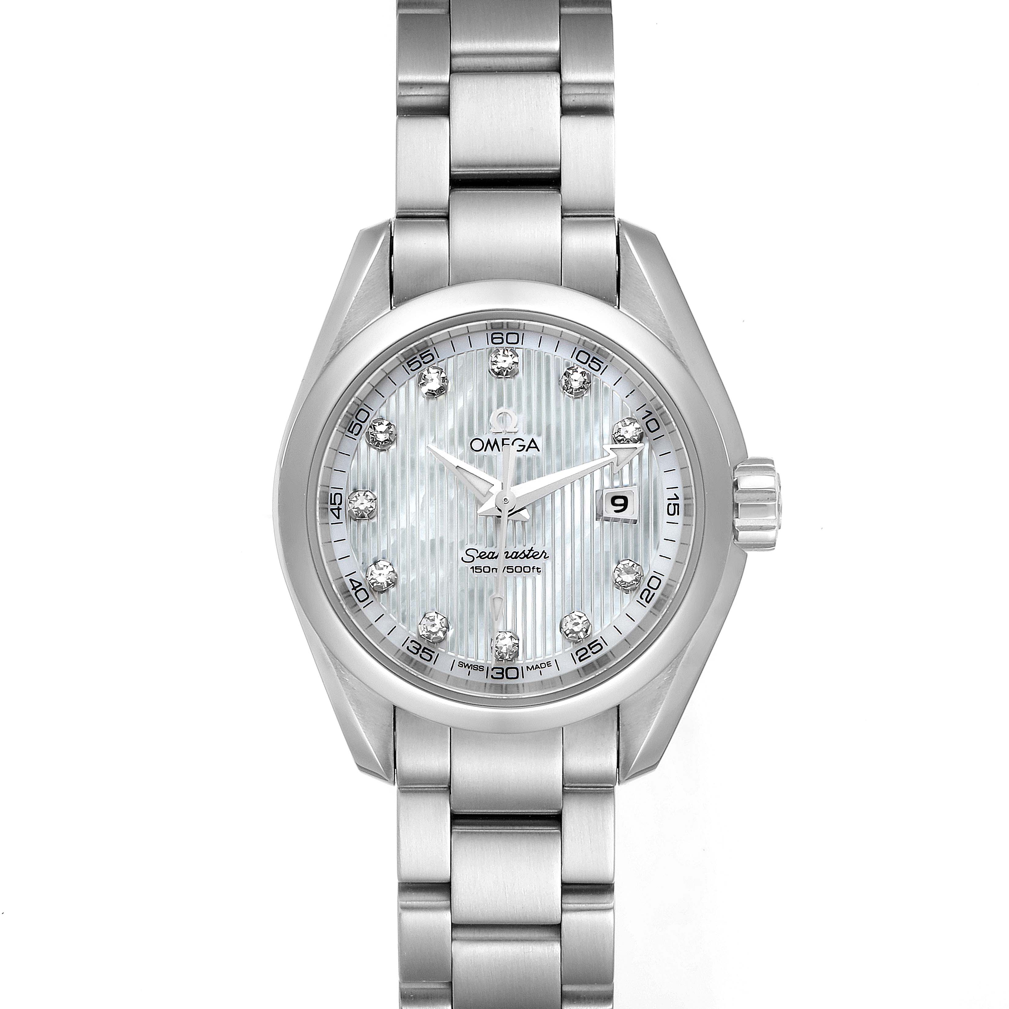 The image shows a front view of the Omega 231.10.30.61.55.001 Women
s Stainless Steel Mother of Pearl Dial 231.10.30.61.55.001 Women
s Stainless Steel Mother of Pearl Dial Aqua Terra Steel MOP Diamond Ladies Watch model 231.10.30.61.55.001.