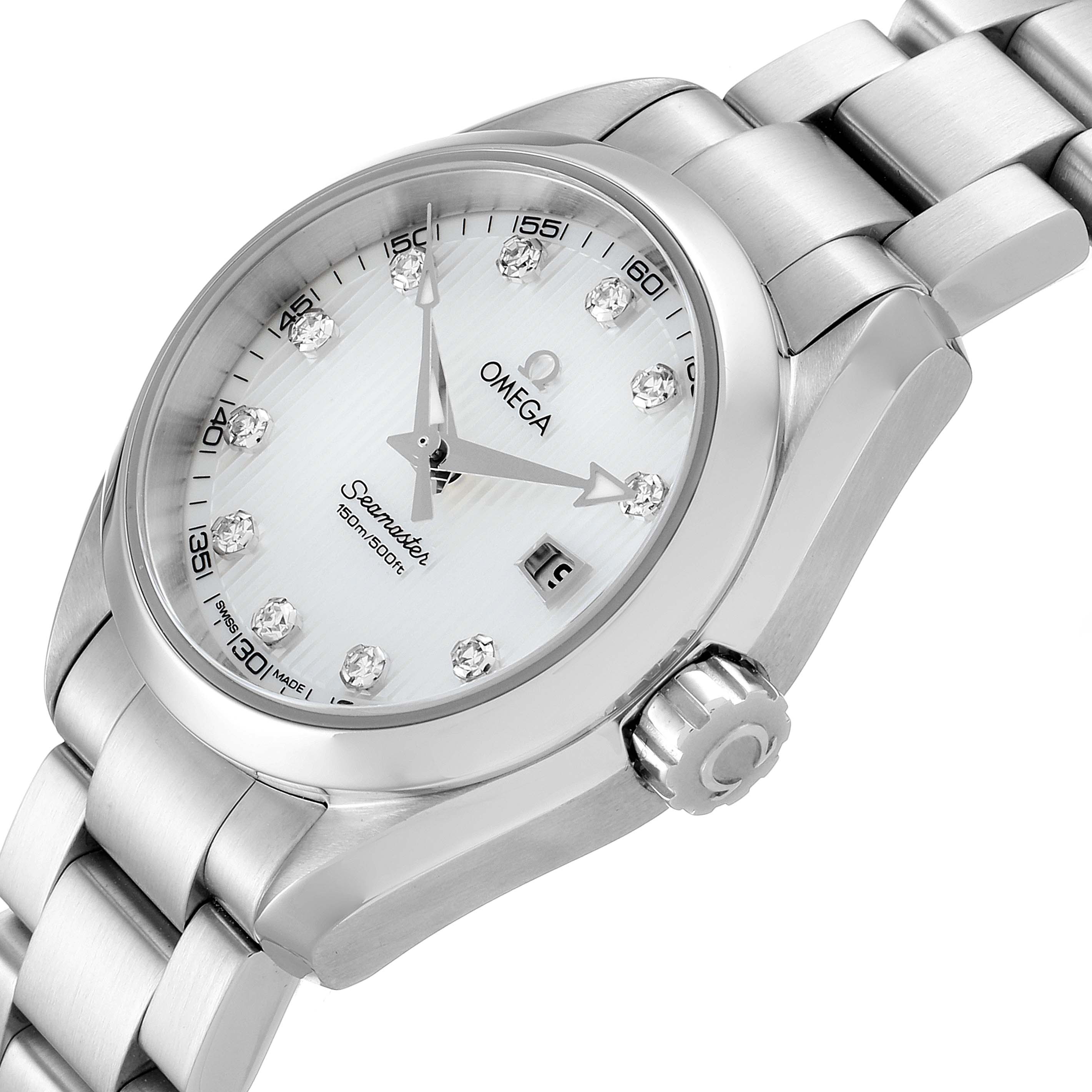 The image shows an Omega 231.10.30.61.55.001 Women
s Stainless Steel Mother of Pearl Dial 231.10.30.61.55.001 Women
s Stainless Steel Mother of Pearl Dial Aqua Terra Steel MOP Diamond Ladies Watch 231.10.30.61.55.001 from a slightly oblique front-left angle.