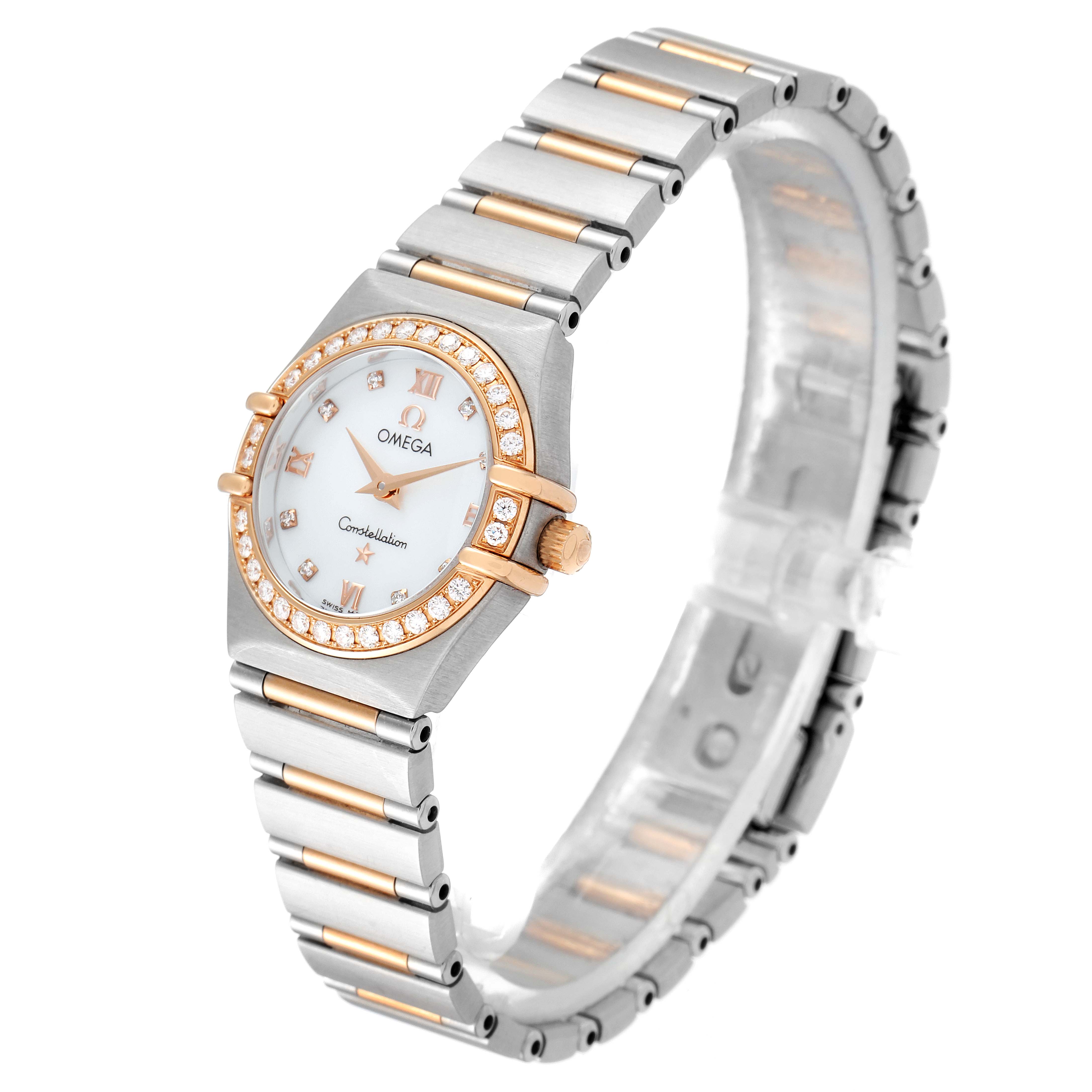 The Omega 1360.76.00 Women's Steel and Gold (two tone) Mother of Pearl Dial 1360.76.00 Women's Steel and Gold (two tone) Mother of Pearl Dial Constellation Mini Steel Rose Gold Diamond Watch (model 1360.76.00) is shown at a three-quarter angle, highlighting the face, bezel, and bracelet.
