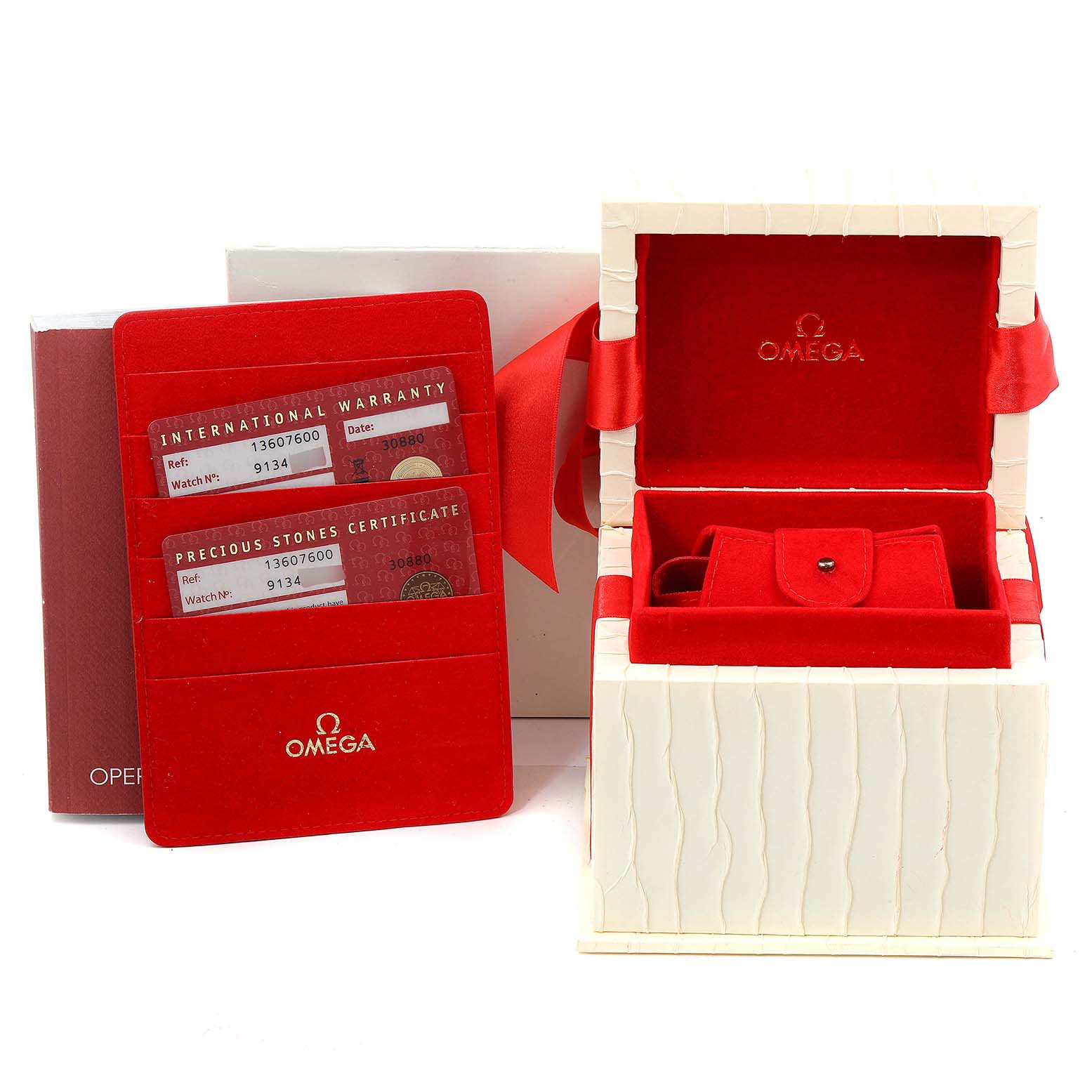 The image shows the box, cardholder with warranty, and certificate cards for the Omega 1360.76.00 Women's Steel and Gold (two tone) Mother of Pearl Dial 1360.76.00 Women's Steel and Gold (two tone) Mother of Pearl Dial Constellation Mini Steel Rose Gold Diamond Watch 1360.76.00.