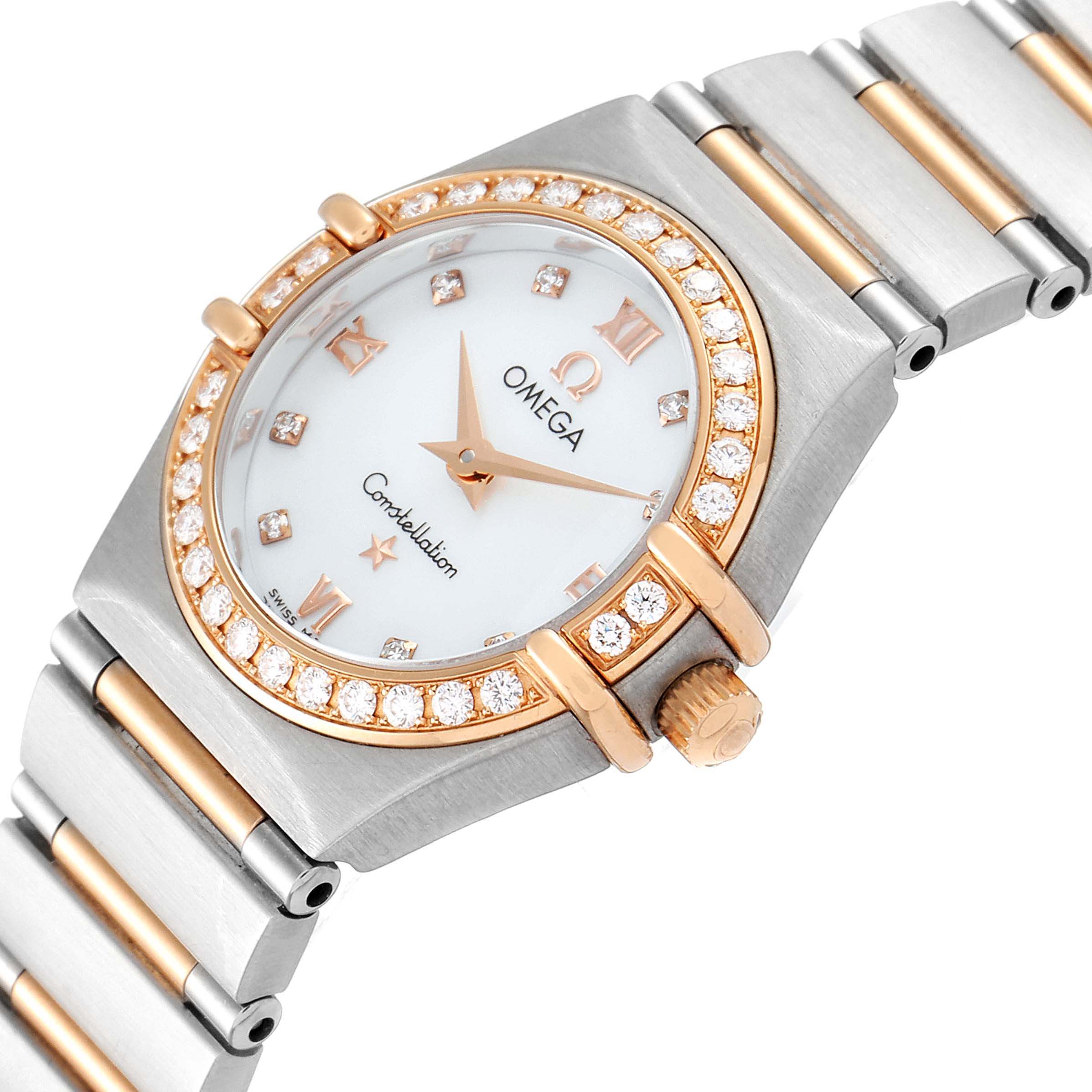 This image shows the Omega 1360.76.00 Women's Steel and Gold (two tone) Mother of Pearl Dial 1360.76.00 Women's Steel and Gold (two tone) Mother of Pearl Dial Constellation Mini Steel Rose Gold Diamond Watch 1360.76.00 at an oblique angle highlighting the dial, bezel, and bracelet.