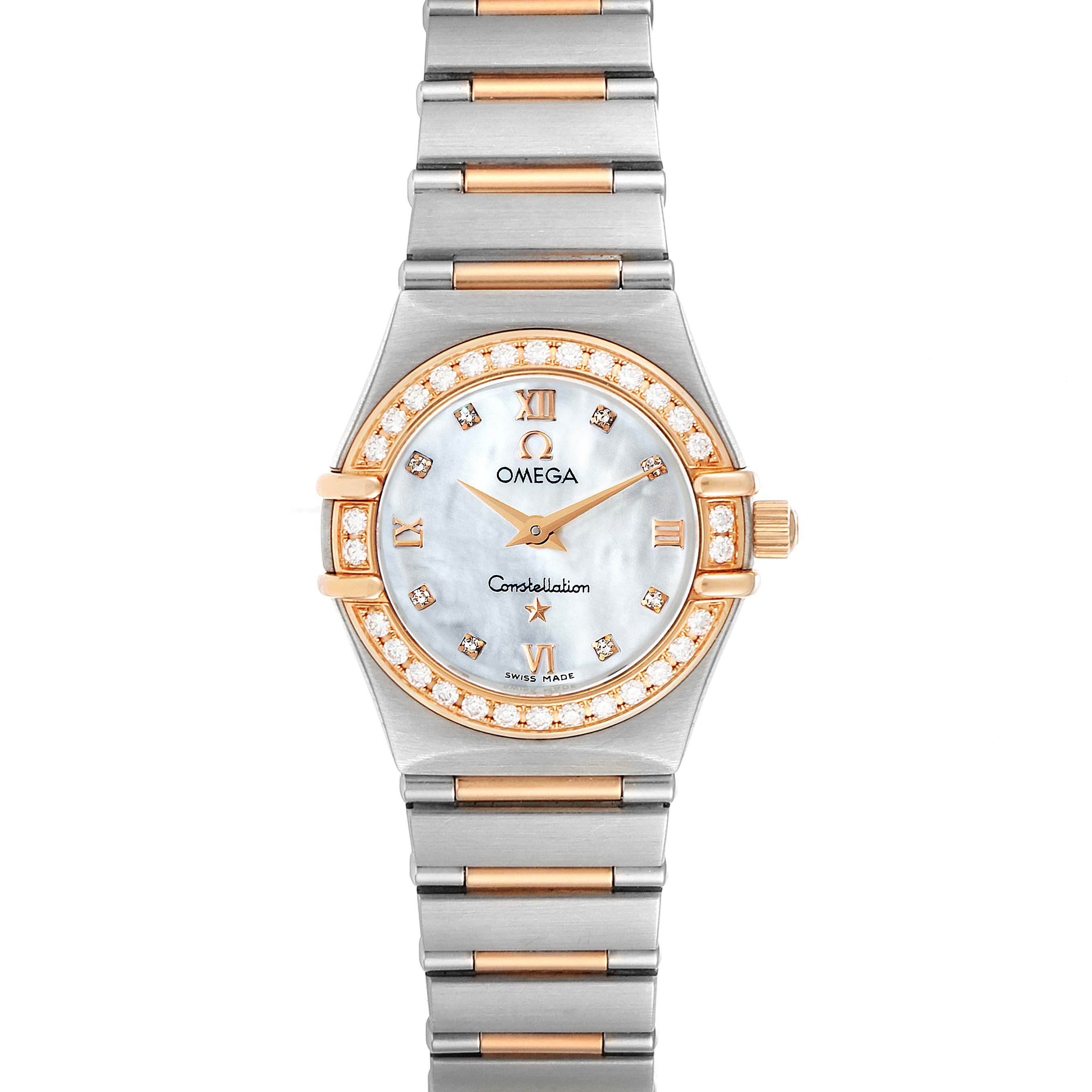 This image shows a front view of the Omega 1360.76.00 Women's Steel and Gold (two tone) Mother of Pearl Dial 1360.76.00 Women's Steel and Gold (two tone) Mother of Pearl Dial Constellation Mini Steel Rose Gold Diamond Watch 1360.76.00, including the face and bracelet.